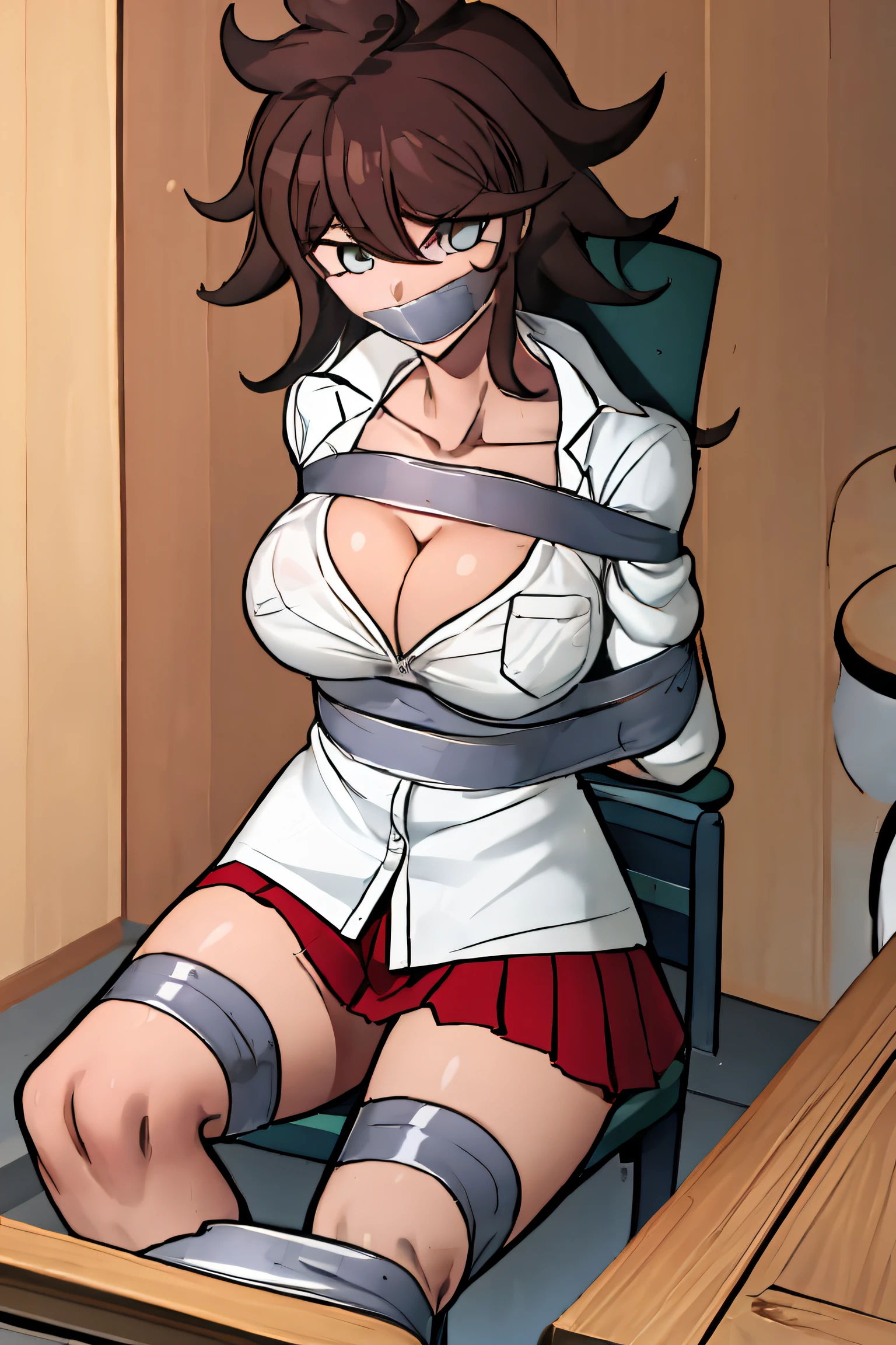 Masterpiece, highres, best quality, 1girl, solo, breasts, long hair, cleavage, shirt, short sleeves, white shirt, cowboy shot, collared shirt, closed mouth, looking at viewer, collarbone, messy hair, breast pocket, large breasts, hair between eyes, (((((sitting on chair, chair))))), green eyes, red skirt, skirt, bound, bondage, (arms behind back:1.4), bdsm, tape gag, tape, tape bondage, close-up, restrained, best anatomy, curled up, half body, tape wrapped, wrap gag, tape above chest, tape below chest, expressive eyes, perfect eyes, perfect anatomy, long hair, taped thighs, taped legs, legs together,