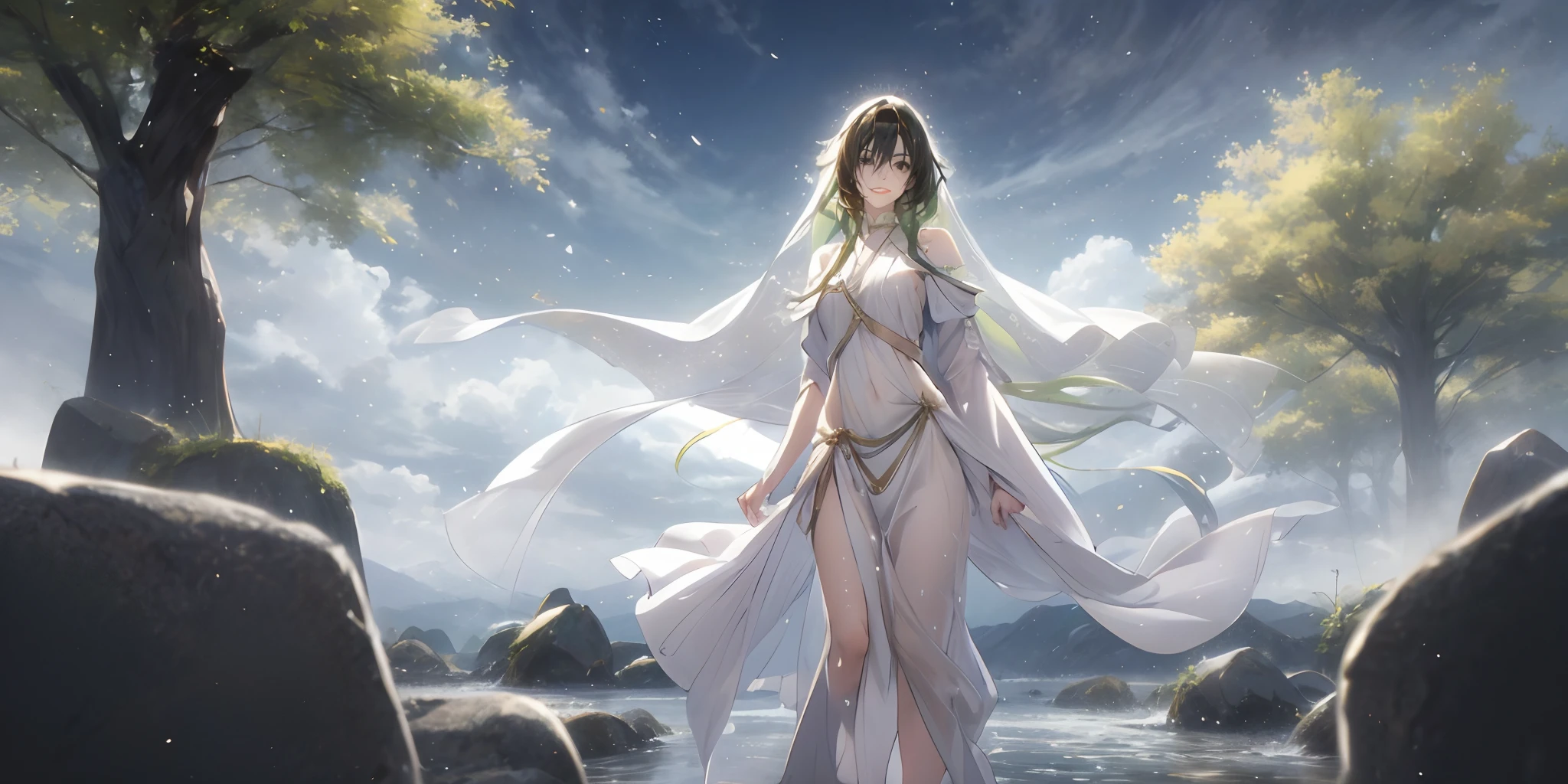 black hair, black eyes, a woman that is standing in the water, inspired by Krenz Cushart, pixiv contest winner, fantasy art, dressed in a green robe, white loincloth, anime style. 8k, the goddess, realistic anime artstyle, trending anime art, the empress, biblical female, (highress:1.4), (high quality:1.4), (detailed face:1.4)