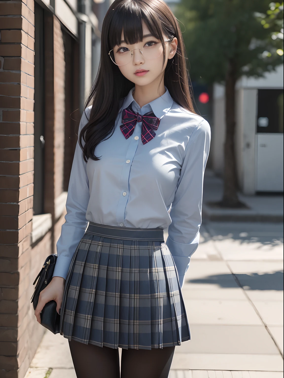 super mini skirt(Light blue plaid)20 year old high school girl wearing a white shirt.(black hair ponytail)