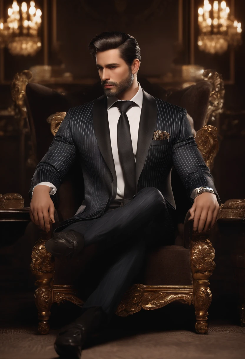 (extremely detailed CG unity 8k wallpaper),(masterpiece), (best quality), (ultra-detailed), (best illustration),(best shadow), bedroom background, standing, ,BREAK, TMP, character sitting in a chair with arm raised, full body, dark hair (neck length hair tied in a ponytail), nice pose, handsome man, pretty face, royal elegant pose, business man, (in a striped blazer), (The surrounding environment is a luxurious and classic living room) (sand tone image)