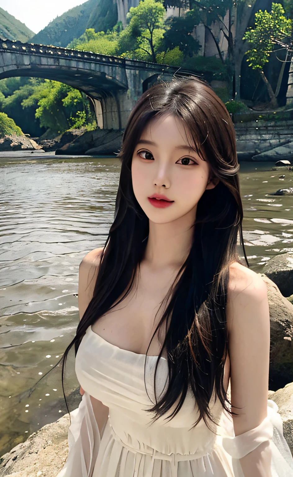 (highest quality,8k,RAW Photos,Realistic,High resolution:1.2),(Cute Japanese Girl),(Huge breasts:1.20), Always wears glasses, Beautiful long black hair, Big Breasts ,Very large breasts, Big Tits,超Big Breasts, Very large soft saggy breasts, J Cup, Very large breasts, Sexy Body, Small waist, 18-year-old, Feminine and neat early summer outfit, Beautiful park with a pond, Japanese Idols, Pro Shot
