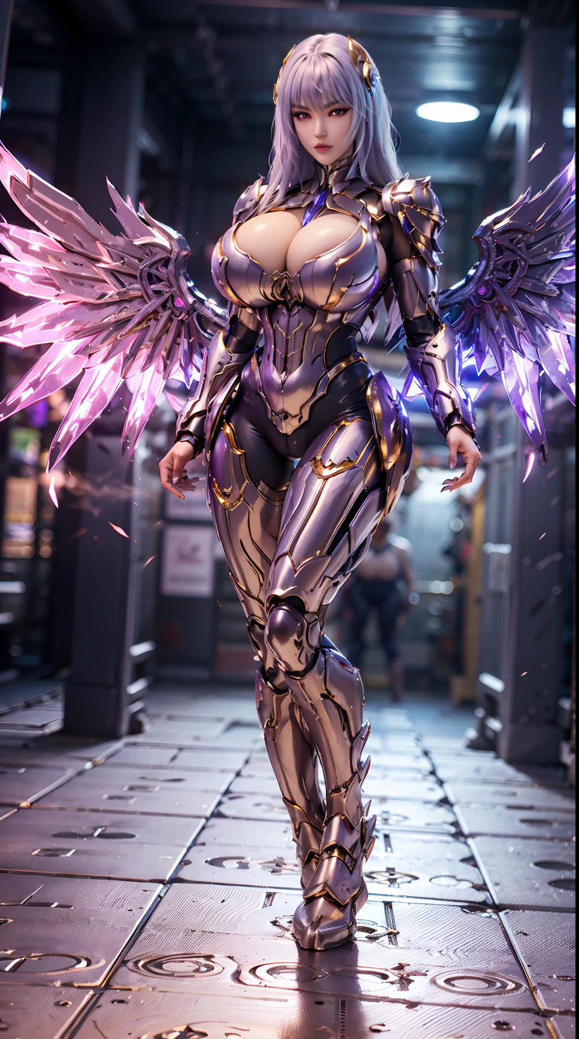 (DRAGON HEAD), (BUSTY HUGE FAKE BOOBS), (BEAUTIFUL FACE), (WHITE HAIR), (WHITE, PURPLE, GOLD, ARMOR), (PHOENIX ARMORED GEAR), ((A PAIR OF MECHA WINGS)), SKINTIGHT PHOENIX MECHA LATEX SUIT, (CLEAVAGE), (SKINTIGHT YOGA PANTS), (SEXY LEGS), (LOOKING ON VIEWER), (FULL BODY), ((STANDING POSE)), (SLENDER), (SEXY BODY), (MUSCLE ABS), UHD, 8K, 1080P.