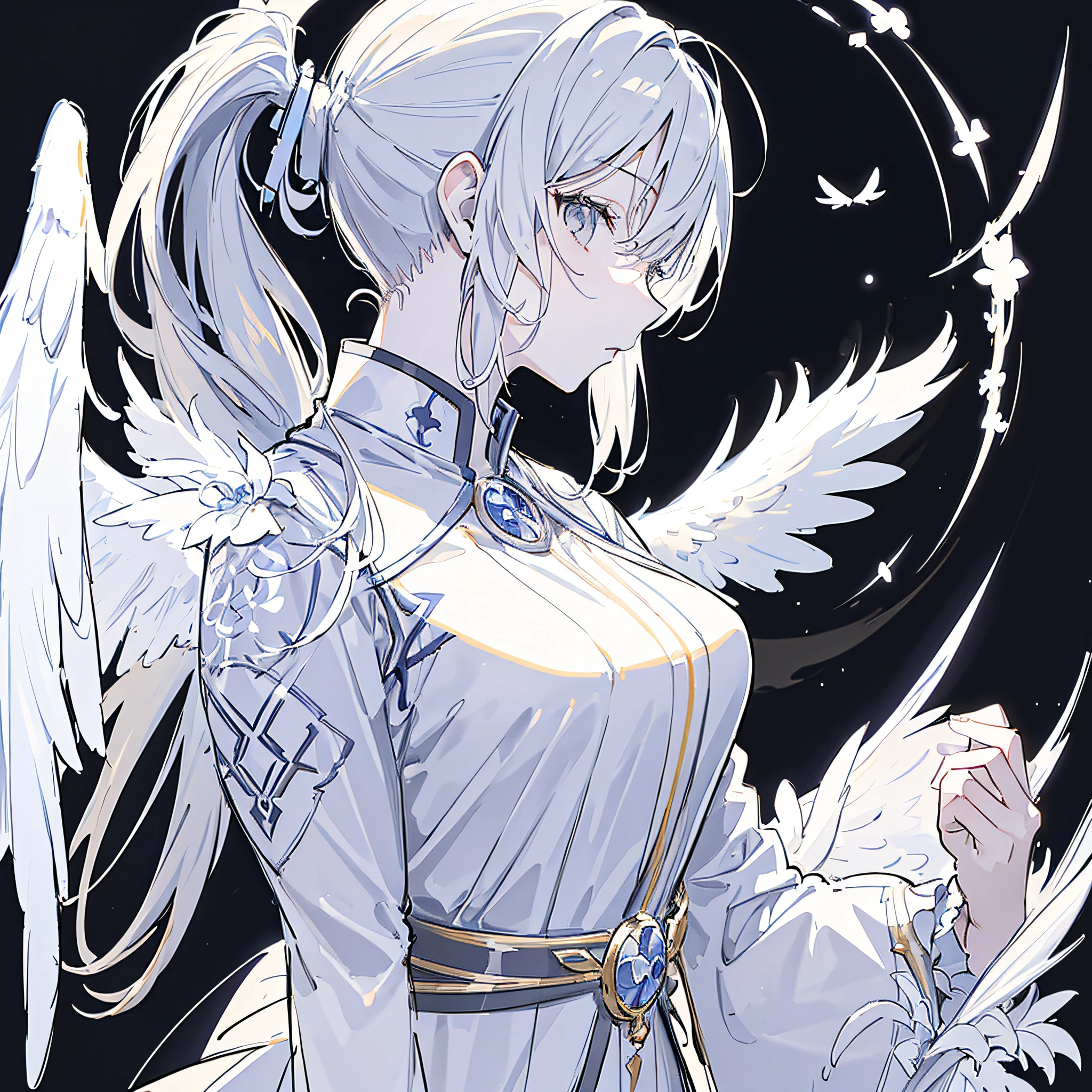 masterpiece, acura, 1girl, solo, mage robes, long ponytail white hair, angelic wings, profile close-up, flower line drawing background, clock background, monochrome, line drawing, looking at viewer, grey eyes, thinking pose ((sketch))