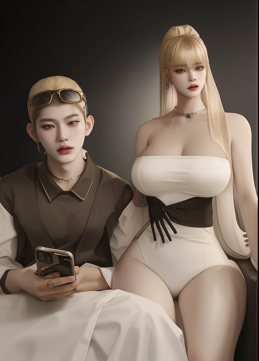 there are three people sitting next to each other with a cell phone, & jeehyung lee & wlop, inspired by Wang Duo, couple pose, nixeu and sakimichan, kda and sam yang, imvu, second life avatar, secondlife, sakimichan and frank franzzeta, ruan jia and brom,shorthair with glasses,cream hair,perfect eyes,perfect body,8k resolution,ulzzang,perfect v shape head,looking to viewers,tanned skin