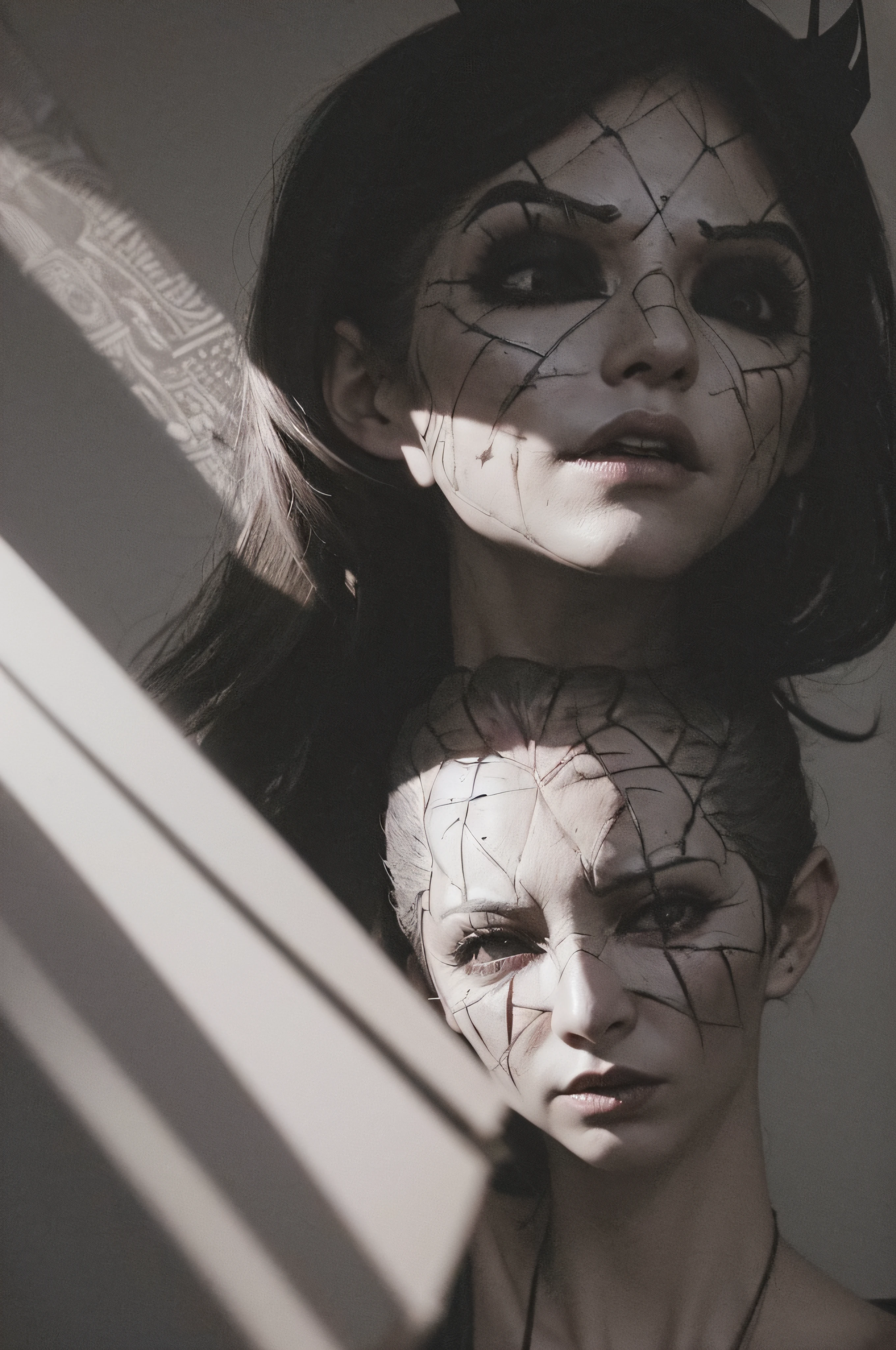"(The best lighting, oscuro, dramatic),(Mujer alien, Hellraiser, triste, Cicatrices, , sexy, cerebro, sangre, una rata dentro de la cabeza, terror.),(ojos rojos, calaveras). morning light.