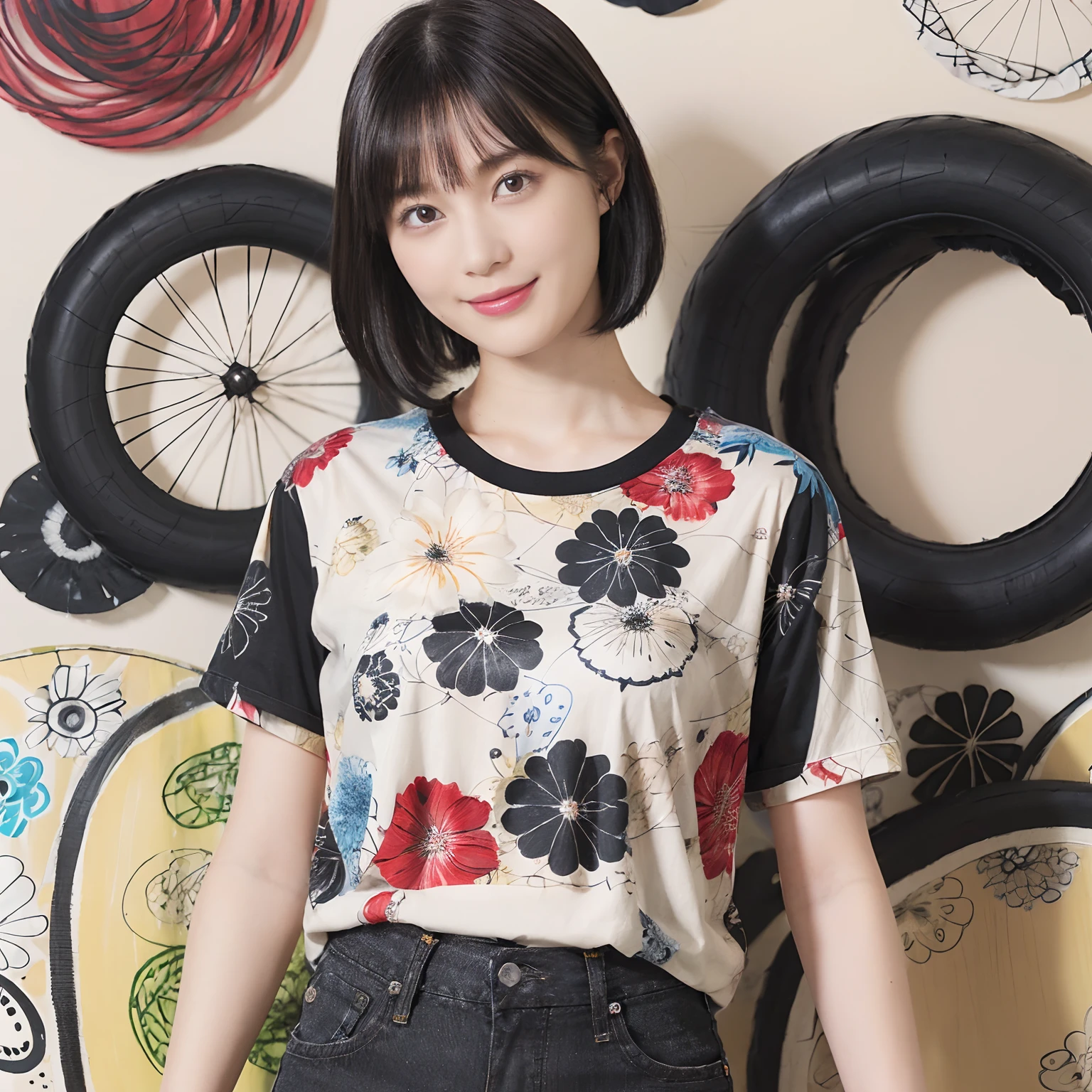 (Black Shorthair:1.2), (a 20 yo woman), (A hyper-realistic), (masutepiece), (8KUHD), A slight smil, Slender waist, Wearing jeans, ((Floral clothing - T-shirts)), large full breasts, Wear long pants, abstract paintings, (doodle:1.46)