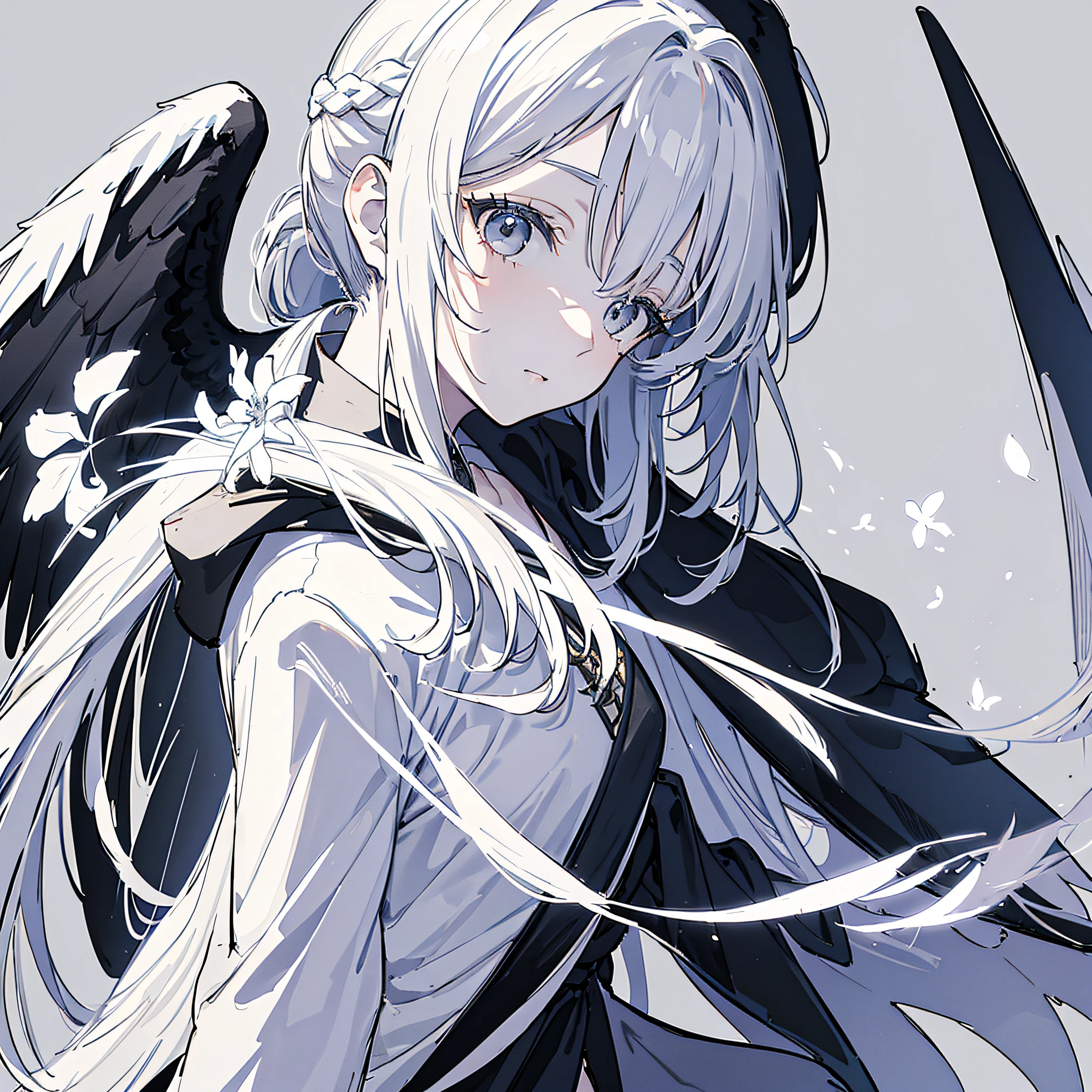 masterpiece, acura, 1girl, solo, mage robes, long ponytail white hair, angelic wings, profile close-up, flower line drawing background, clock background, monochrome, line drawing, looking at viewer, grey eyes, thinking pose ((sketch))
