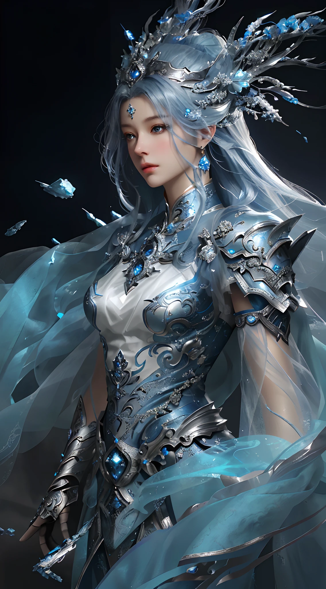 a close up of a woman in a silver and blue dress, chengwei pan on artstation, by Yang J, detailed fantasy art, stunning character art, fanart best artstation, epic exquisite character art, beautiful armor, extremely detailed artgerm, detailed digital anime art, artgerm on artstation pixiv, armor girl