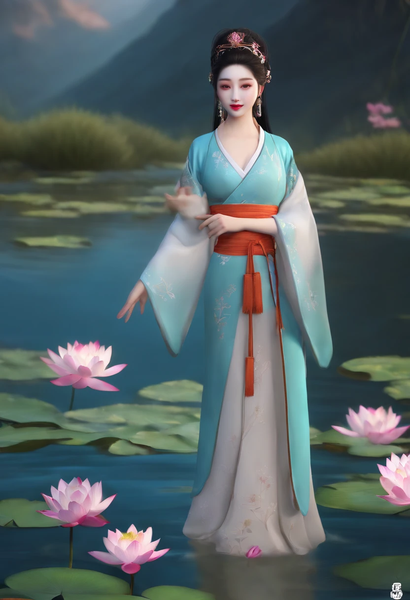 ((4K,Masterpiece,Best quality)), Shuimobysim, Peinture chinoise, lotus, Hanfu, Maxiskit, Robe ouverte, SWF 1fille, seulement, longs cheveux bleus, sourire, debout, feet in the water, pieds nus,