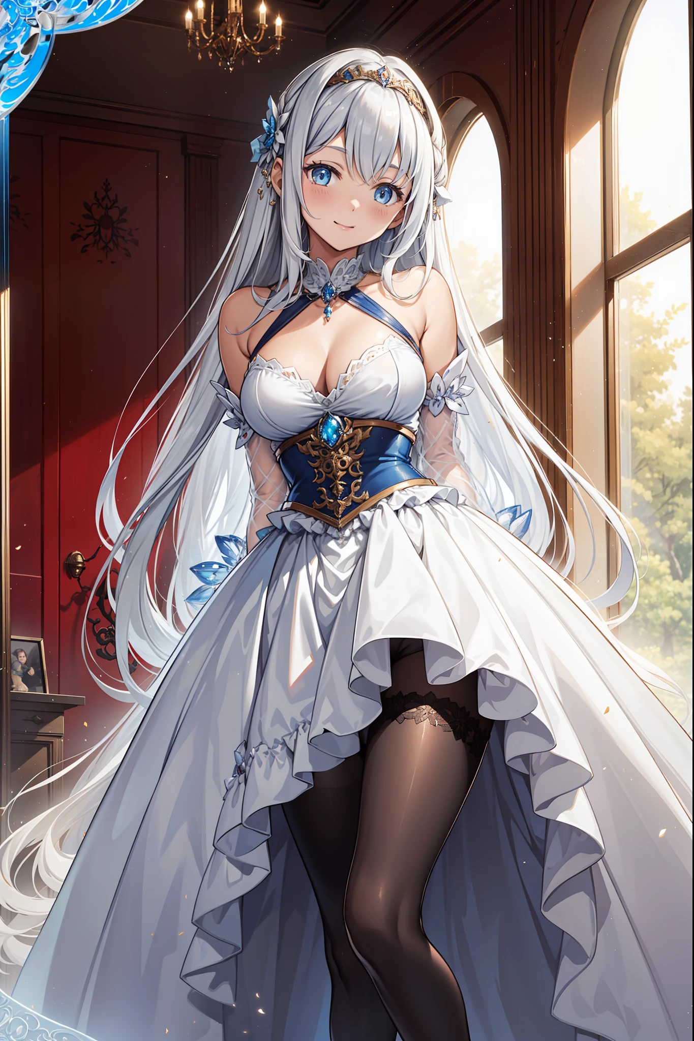 teens girl,divino,(Best quality,4K,8K,A high resolution,Masterpiece:1.2),Ultra-detailed,Enchanted,gentleness,Seductive pose,having fun,divino,(Western magic white dress)，silber hair,eBlue eyes,see-through transparent clothes,Delicate hair accessories,Transparent lace,Sky blue texture,Late at night,exquisite costumes,Bedrooms,solo person,Carved pantyhose