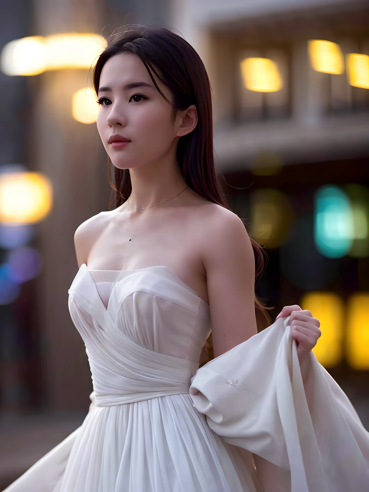 body@Sean, (wearing dresses:1.3),(RAW photo, Best quality), (Realistic, photo-realistic:1.4), Masterpiece, An extremely delicate and beautiful, Extremely detailed, 2k wallpaper, Amazing, finedetail, Extremely detailed Cg Unity 8K wallpaper, Ultra-detailed, A high resolution, Soft light, Beautiful detailed girl, Extremely detailed eyes and face, Beautiful detailed nose, Beautiful detailed eyes,Cinematic lighting,City lights at night,Perfect anatomy,Slender body,Light smile,(Close up:1.1),