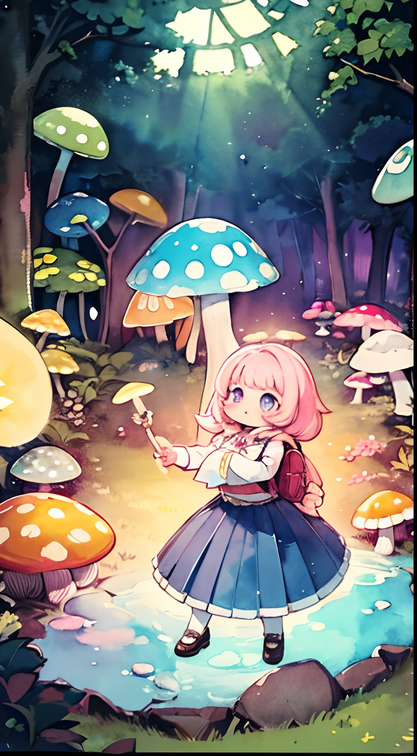 {high contrast}, solo, cute, pink hair, pleated skirt, dancing, cogmelos, mushrooms, giant mushrooms, spores, (shining atmosphere, fascinating glow, luminous, ethereal atmosphere, watercolor illustration, perfect anatomy, masterpiece, top quality, one girl, lolita, , book bag, nature, landscape