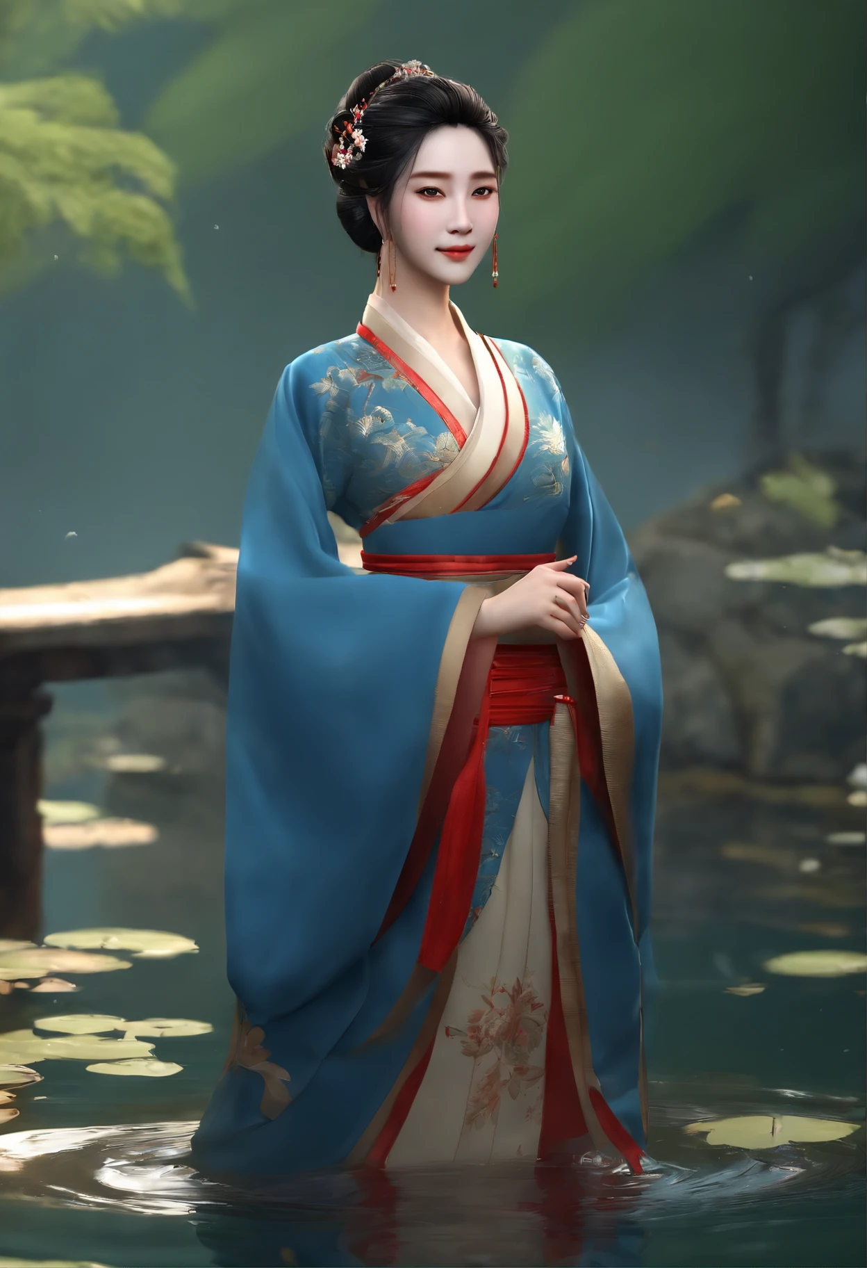 ((4K,Masterpiece,Best quality)), Shuimobysim, Peinture chinoise, lotus, Hanfu, Maxiskit, Robe ouverte, SWF 1fille, seulement, longs cheveux bleus, sourire, debout, feet in the water, pieds nus,