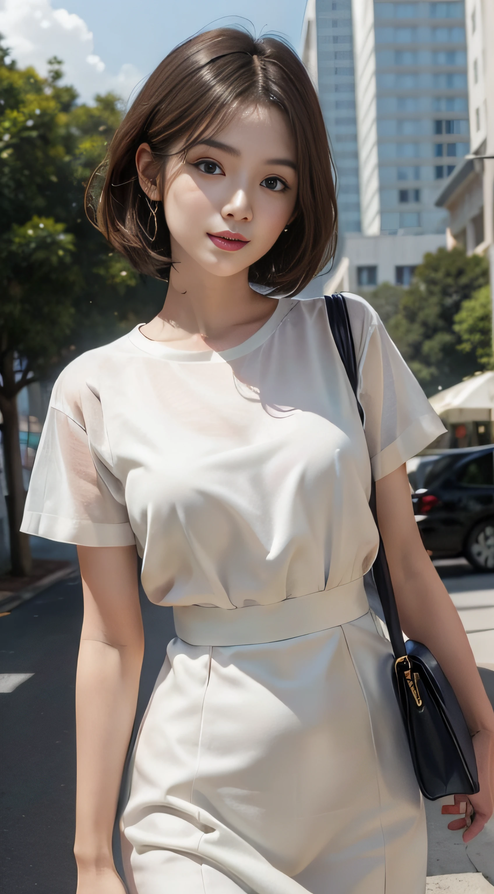 ​masterpiece、Top image quality:1.2、((beautiful young woman with))、Transparent skin:1.2、{A slight smil}、(kawaii)、Transparent short sleeve knit:1.2、luxury hotel、depth of fields、Sharp Focus:1.5、Fine details