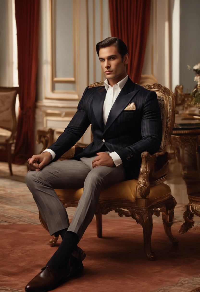 The character sits in a chair,Arm Raised, Dark hair (Neck-length hair tied into a ponytail), pretty pose, Handsome man, Pretty face, royal elegant pose, merchant, (In a striped blazer), (Luxurious and classic living room in the surrounding environment) (Sand-tone image)