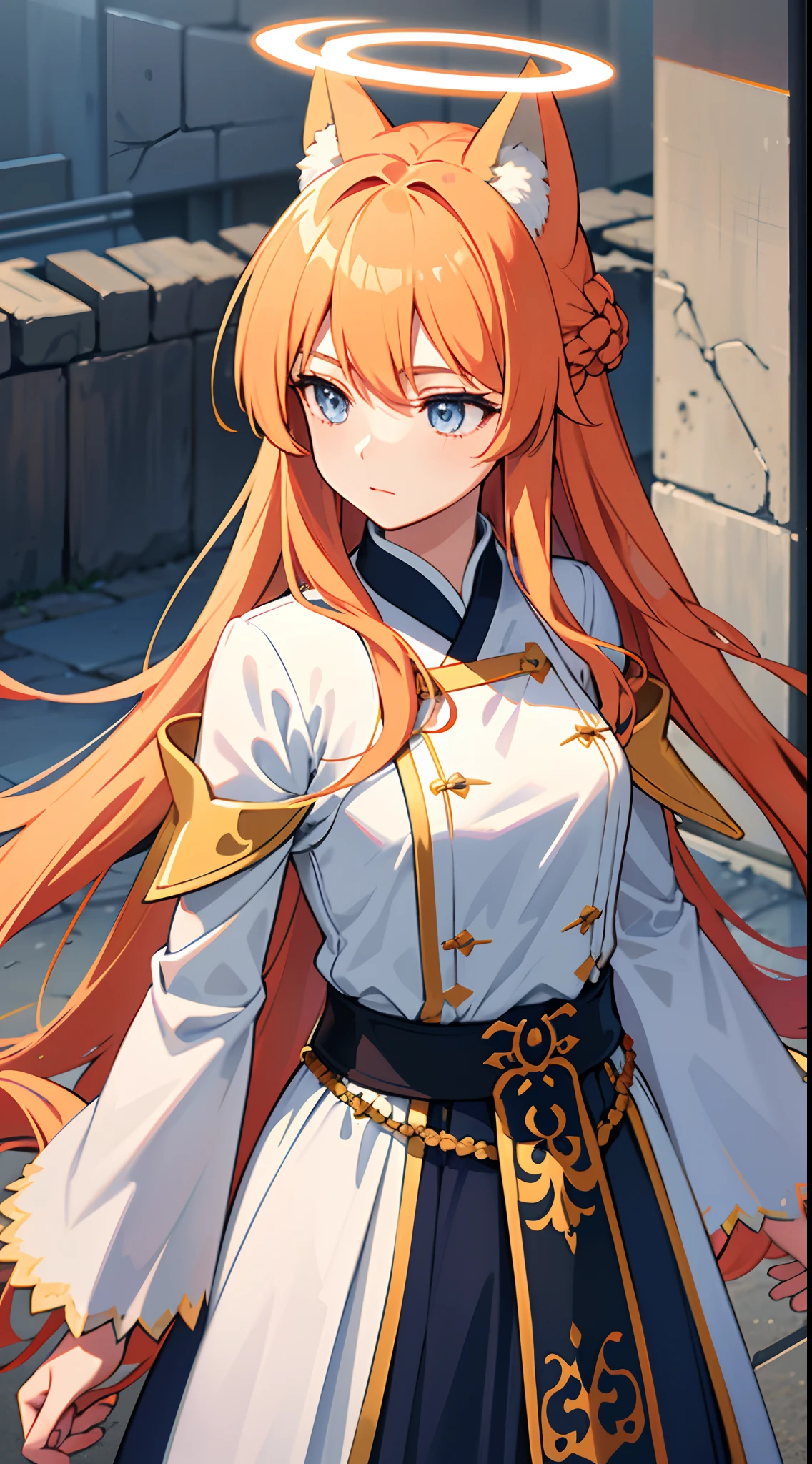 Light orange hair,one-girl,Fox ears,Fox Maiden,Blue pupil ,long whitr hair,White flowers pinned to the head,with a halo on his head,ancient wind,swordsman,Immortal,Xianxia,ancientry,high detal,high qulity,Good atmosphere,delicated,cg render,detail render,(Delicate facial portrayal)(Fine hair portrayal)(highest quality)(Master masterpieces)(High degree of completion)(a sense of atmosphere)