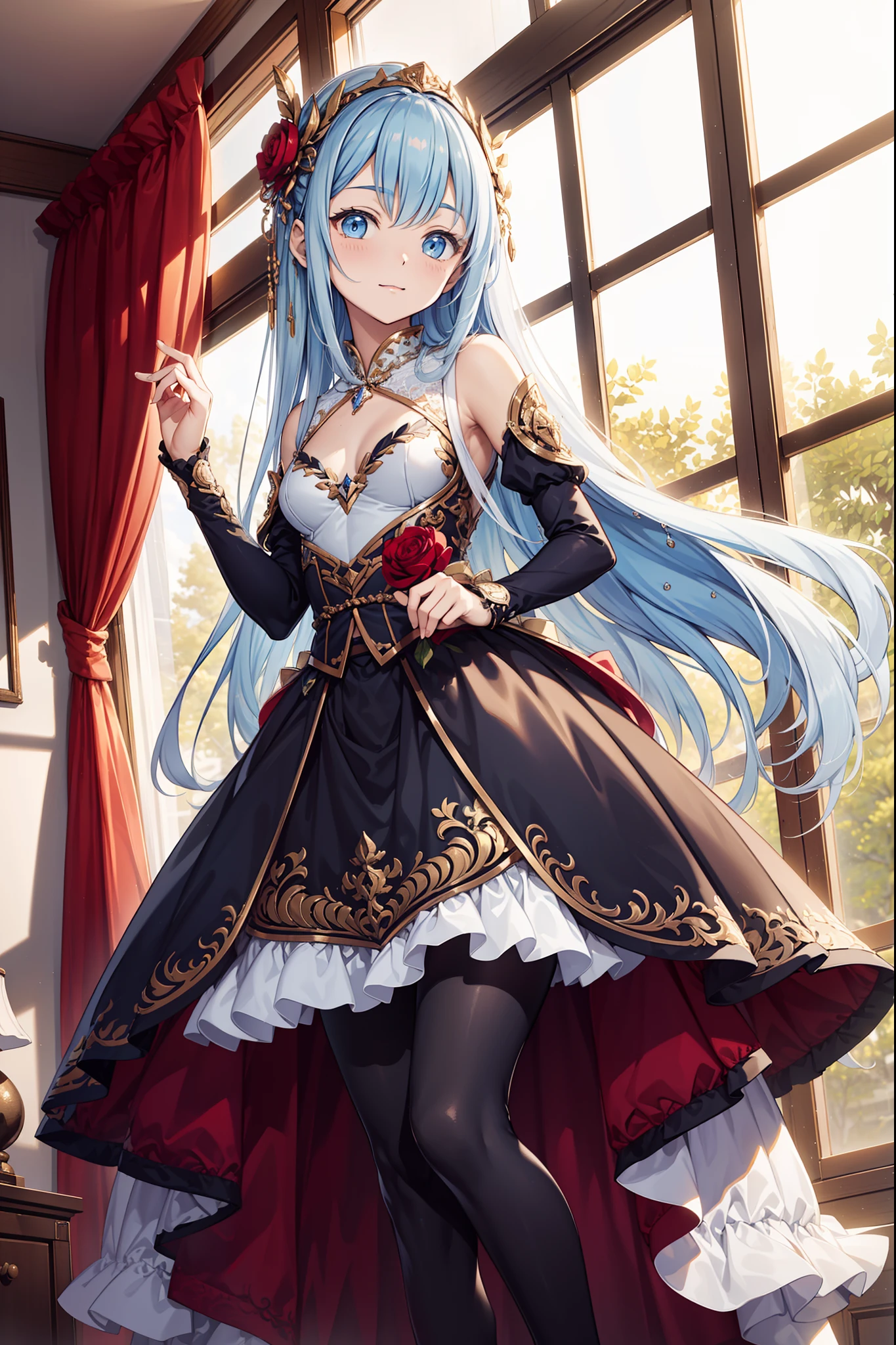 teens girl,divino,(Best quality,4K,8K,A high resolution,Masterpiece:1.2),Ultra-detailed,Enchanted,Seductive pose,having fun,divino,(Western-style white dress),Clothing that completely covers the chest,Small inner skirt,silber hair,eBlue eyes,see-through transparent clothes,Delicate hair accessories,Transparent lace,Sky blue pattern,nigth,exquisite costumes,Bedrooms,solo person,Carved pantyhose