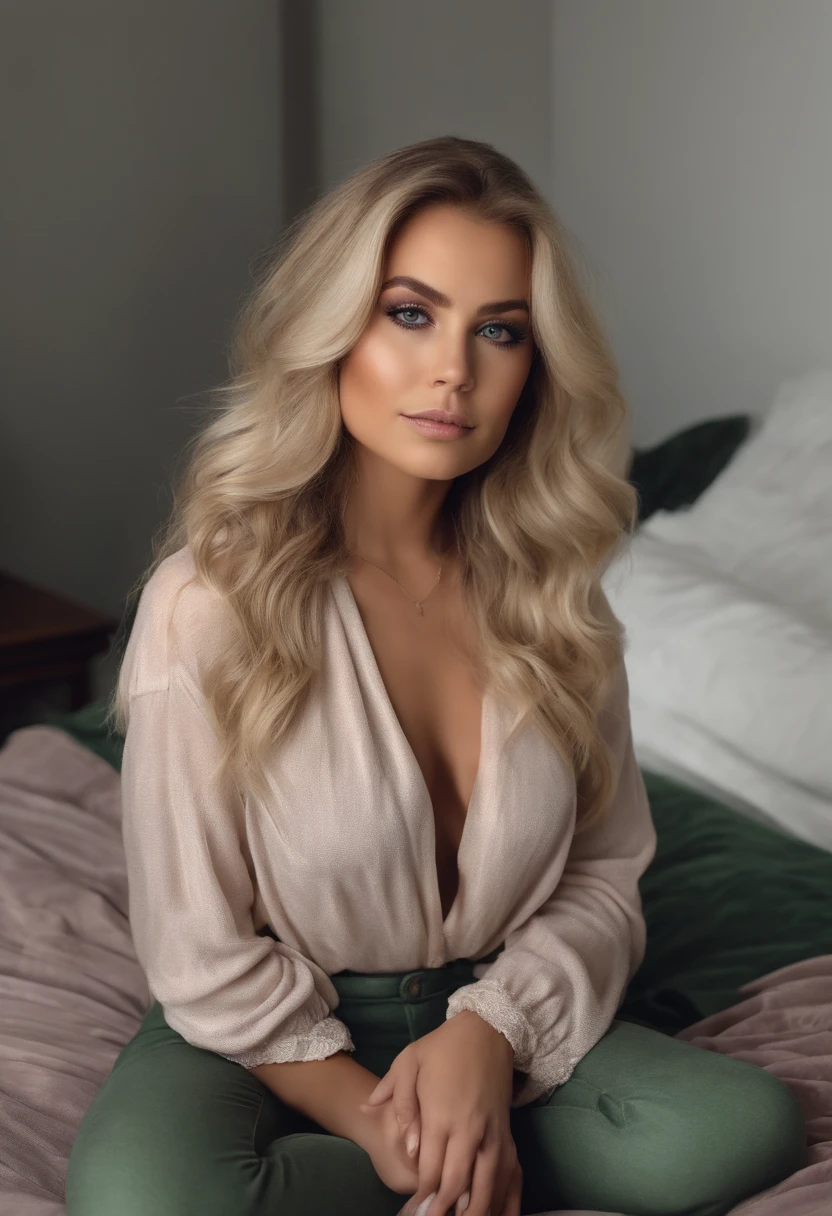 fille mignonne aux yeux vert, ultra realist, 25 ans, Meticulously detailed, Portrait, cheveux blonds et grands yeux, selfie of a young woman, Yeux de chambre, Violet Myers, sans maquillage, maquillage naturel, looking straight at camera, Visage avec Artgram, Maquillage subtil, Great photo of the whole body kneeling on the bed, dans la chambre, Buste de taille moyenne