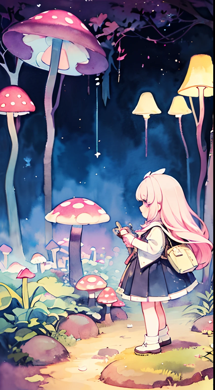 {high contrast}, solo, cute, pink hair, pleated skirt, dancing, cogmelos, mushrooms, giant mushrooms, spores, (shining atmosphere, fascinating glow, luminous, ethereal atmosphere, watercolor illustration, perfect , masterpiece, top quality, one girl, lolita, elementary school, book bag, nature, landscape