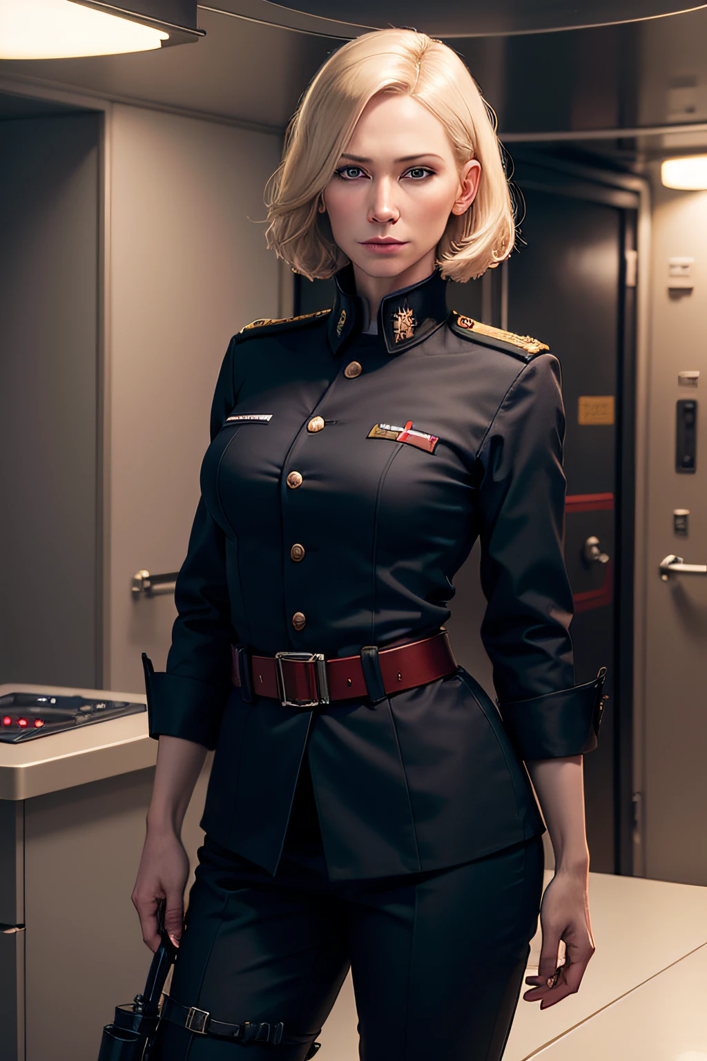40 year old woman, like Cate Blanchett, blonde bob style hair, blue eyes, pale skin, arrogant, haughty, one arm hidden behind back, onboard submarine, wearing realistic Russian navy working uniform, onboard submarine, dark, red emergency lights, telnyashka, one arm hidden behind back, plain epaulettes, black shirt, black trousers, equipment belt with holster and knife scabbard, beside submarine periscope, red emergency lighting, other crew and consoles behind