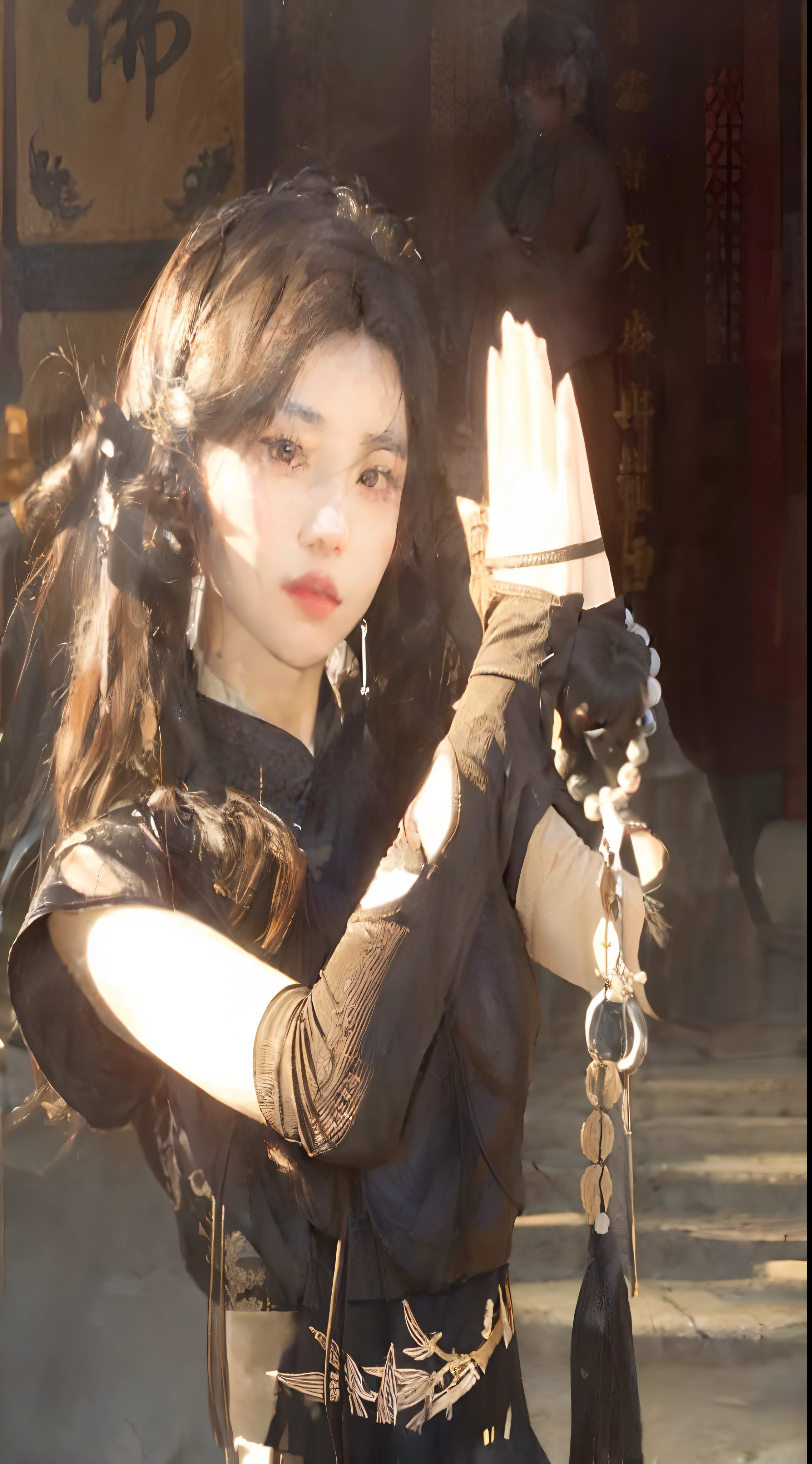 Woman in black fur coat holding chain and looking up, inspired by plum trees, Inspired by Du Qiong, inspired by Leng Mei, full body xianxia, Inspired by Zhu Lian, Mahira Khan plays the mage, Inspired by Chen Yifei, Yennefer, inspired by Lü Ji, Inspired by Zhang Yin, xianxia fantasy