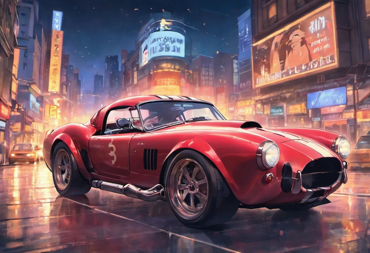 "an Quority(shelby cobra) wide background, new york city scenery at night,A breath of blood and speed。"