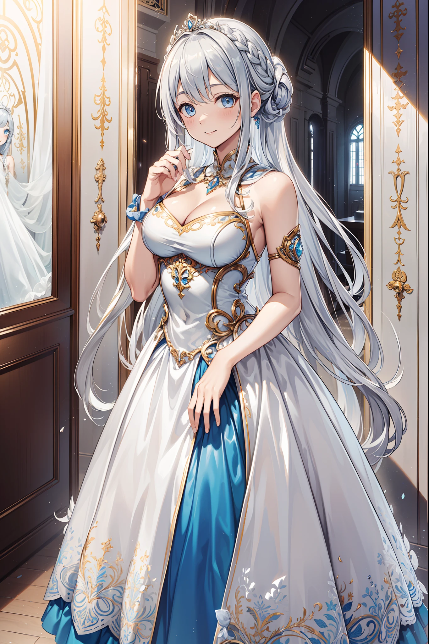 (Best quality,4K,8K,A high resolution,Masterpiece:1.2),Ultra-detailed,s girl，divino，(Silver-white hair)，eBlue eyes，Enchanted，Attractive standing posture，having fun，Being in love，Light princess dress，intricate detailed clothes，Pattern，swimming uniform，inside in room，solo person，