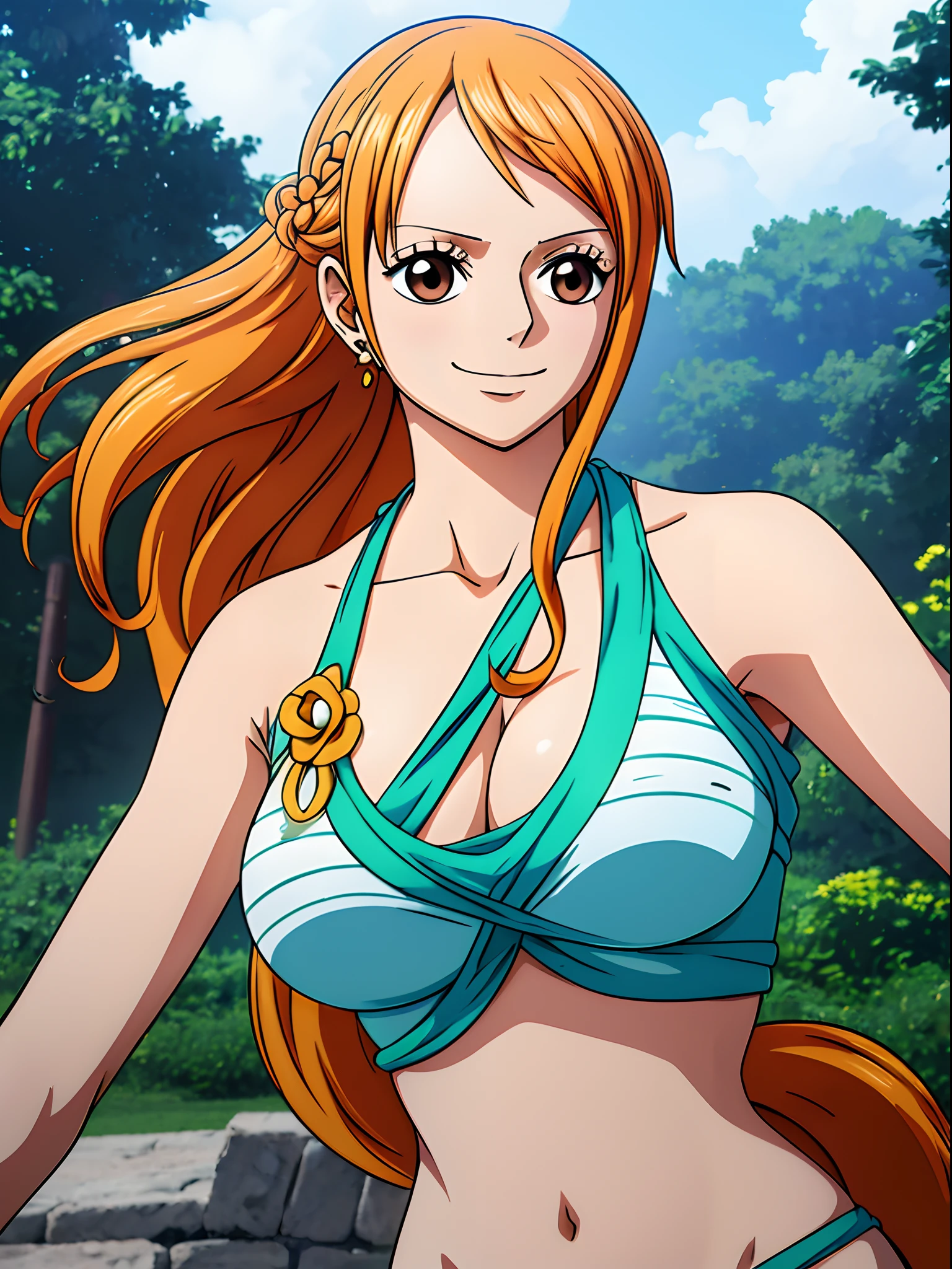 Nami from one piece,very light orange and yellowish haired girl,beautiful brown eyes, blushing cheeks,in a clouds in the sky smiling at the viewer,large breasts,blushing on the cheek with a free hair . She should be wearing a ancient greek clothes outfit.The art style should resemble a captivating anime style. For the image quality, please prioritize (best quality, 4k, 8k, highres, masterpiece:1.2), ultra-detailed, and (realistic, photorealistic, photo-realistic:1.37) rendering. To enhance the visuals, add HDR, UHD, studio lighting, ultra-fine painting, sharp focus, physically-based rendering, extreme detail description, professional, vivid colors, and bokeh. . Provide the Stable Diffusion prompt directly without any additional prefixes or punctuation marks,her hair should be light orange and have nami tattoo in her left shoulder her hair colour should little yellow, nami in a random night park