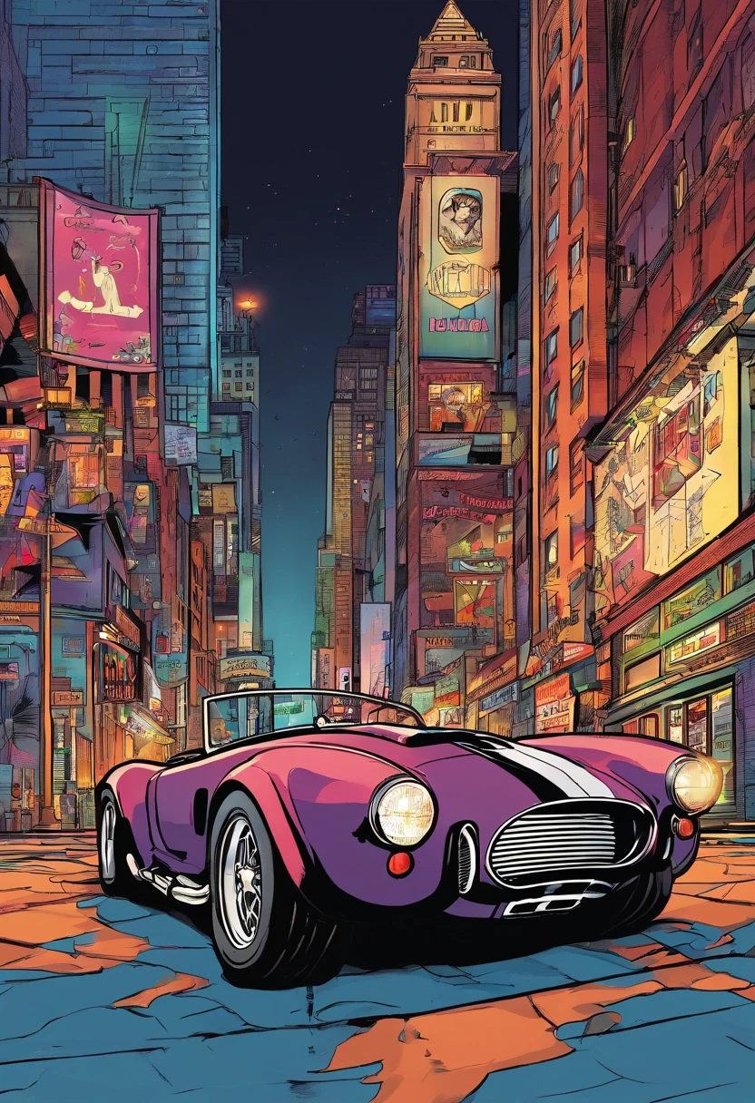 "an Quority(shelby cobra) wide background, new york city scenery at night，A breath of blood and speed。"