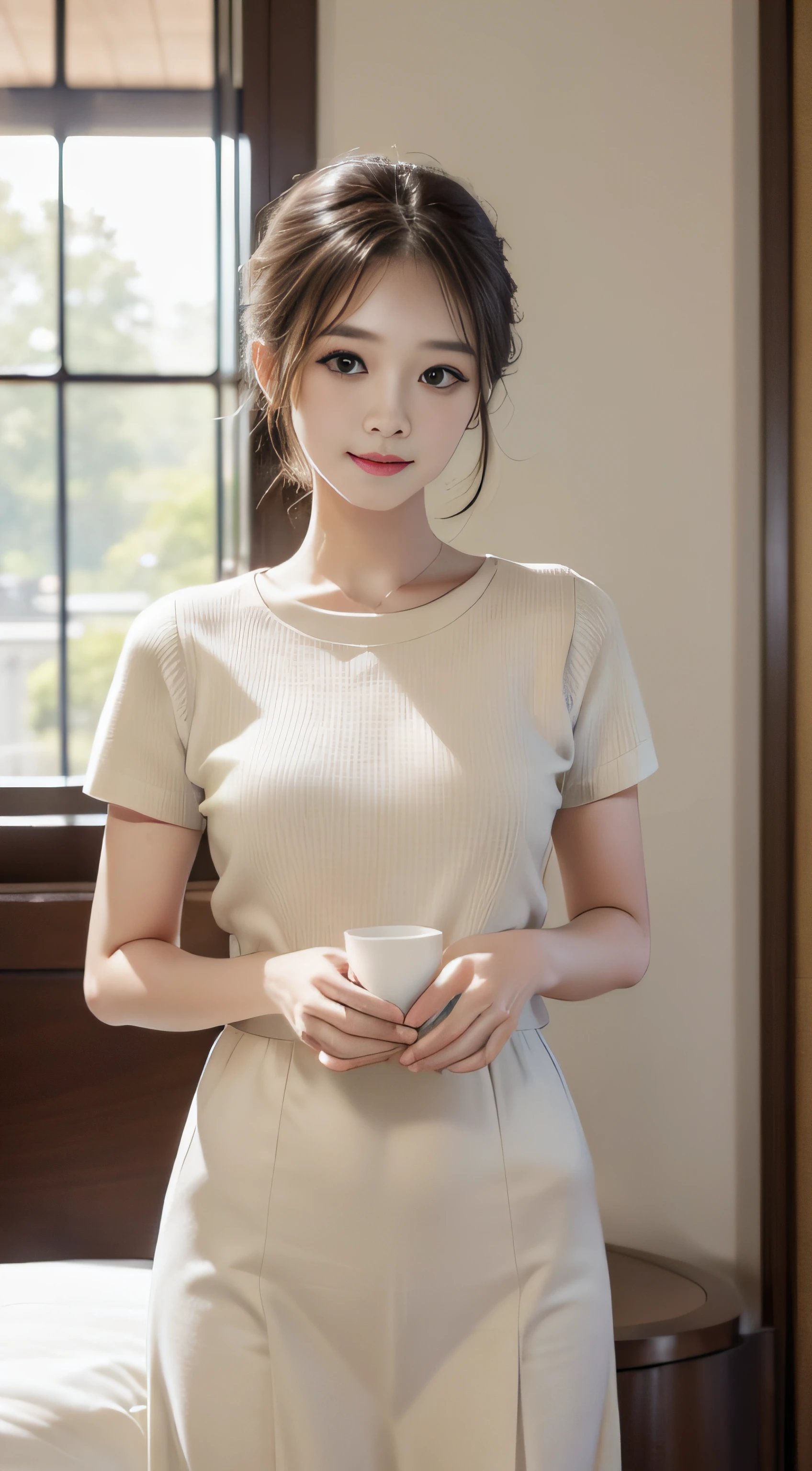 ​masterpiece、Top image quality:1.2、((beautiful young woman with))、Transparent skin:1.2、{A slight smil}、(kawaii)、Short sleeve knit、Light khaki、luxury hotel、depth of fields