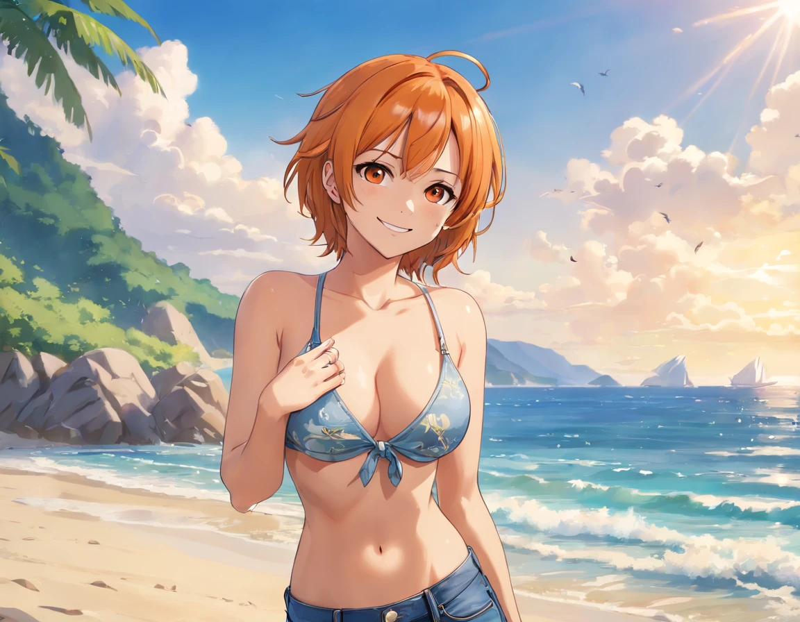one piece, nami, ultra realistic 8k cg, masterpiece, ((ultra detailed background, delicate pattern, intricate detail)), (highly detailed, fine details), best quality, (photorealistic:1.4),beautiful lighting, absurdres, RAW photo, film grain, ((medium breasts, slim girl)), NamiV2, 1girl, orange hair, solo, long hair, jewelry, ((medium breasts, slim girl, bikini top only, jeans, left shoulder tattoo)), brown eyes, smile, earrings, cleavage, bracelet, collarbone, navel, (complex detailed background, outside, beach environment, sunny, nature), ((portrait, close-up)),