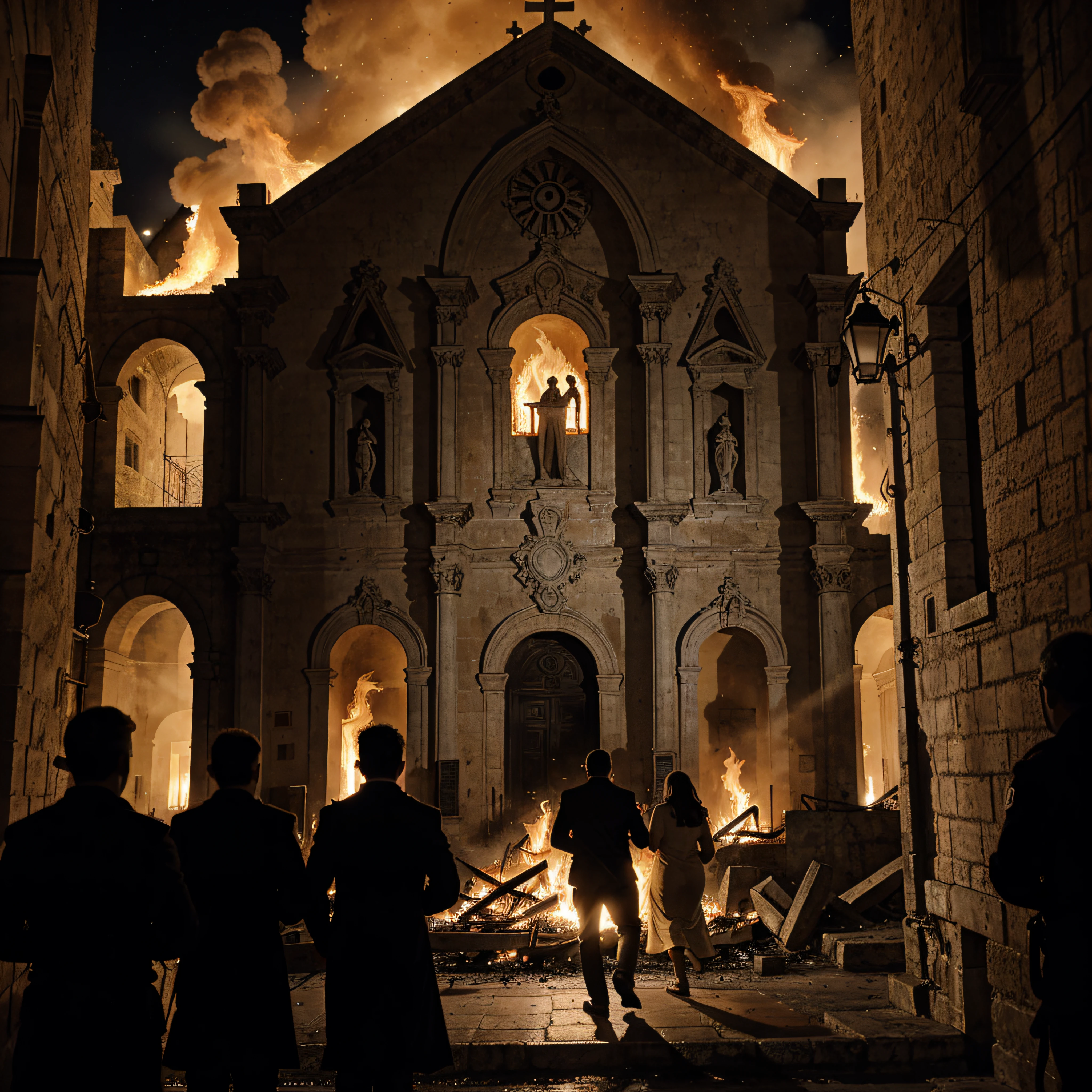 Documentary photo of the Cathedral of Matera and belltower. Sassi of Matera in background, men and women run away from fire. Screaming.The church is burning. Entrance door is wrapped by flames. Fire from windows, high detailed, dramatic light. During the night.