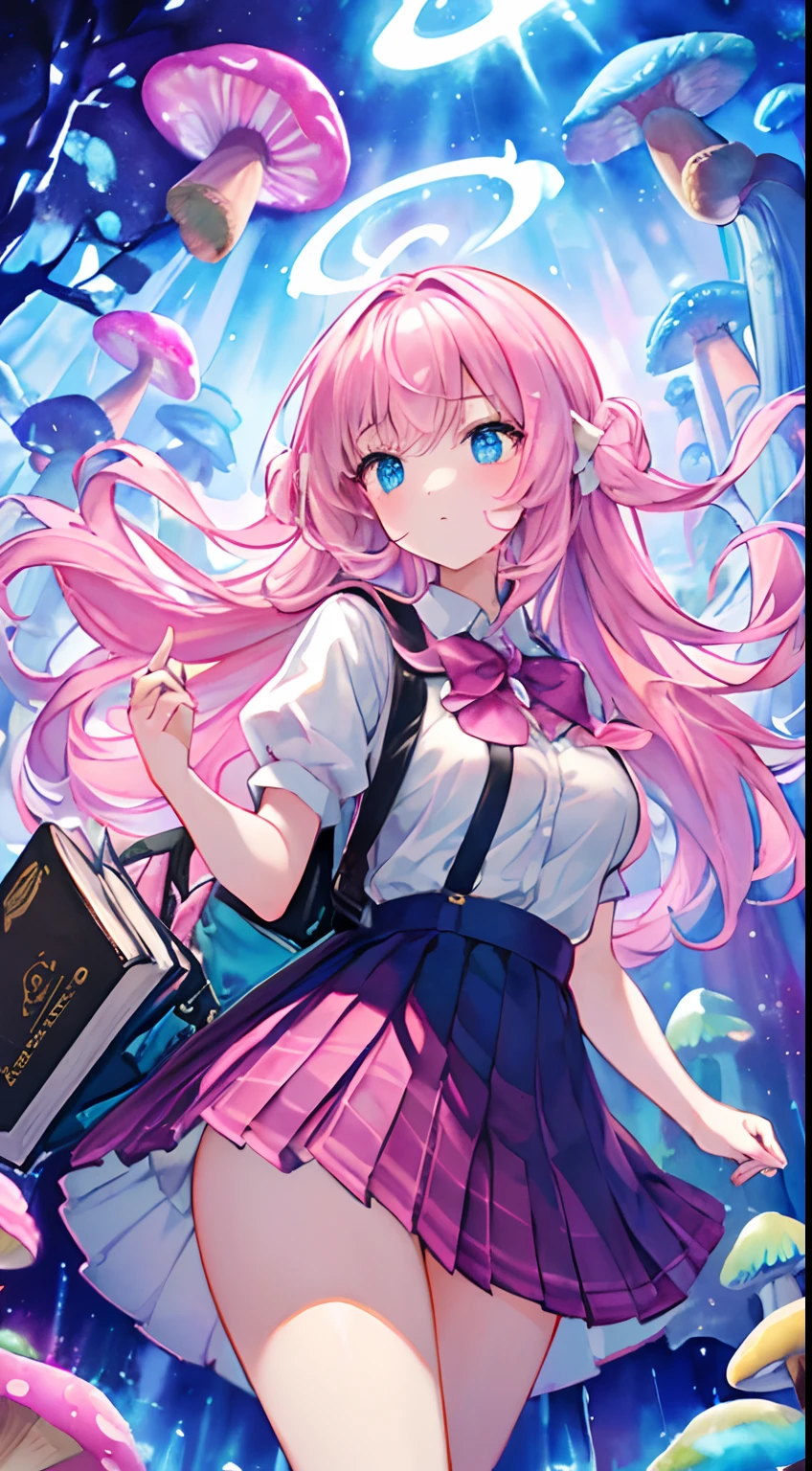 {high contrast}, solo, cute, pink hair, pleated skirt, dancing, cogmelos, mushrooms, giant mushrooms, spores, (shining atmosphere, fascinating glow, luminous, ethereal atmosphere, watercolor illustration, perfect anatomy, masterpiece, top quality, one girl, lolita, elementary school, book bag, nature, landscape