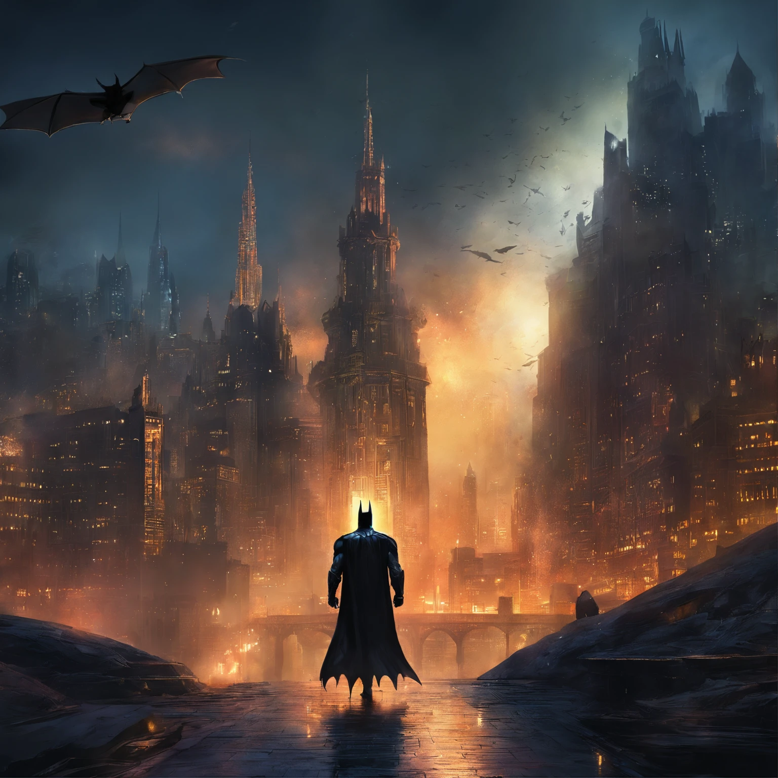 Batman, Gotham city at night, Christopher Nolan style, drama and lifesaving, in dynamic, atmosphere of darkness and horror, dramatic light, highly detailed, packed with hidden details, hyper realistic, uhd image, realism, colorful realism, UHD, 8K
