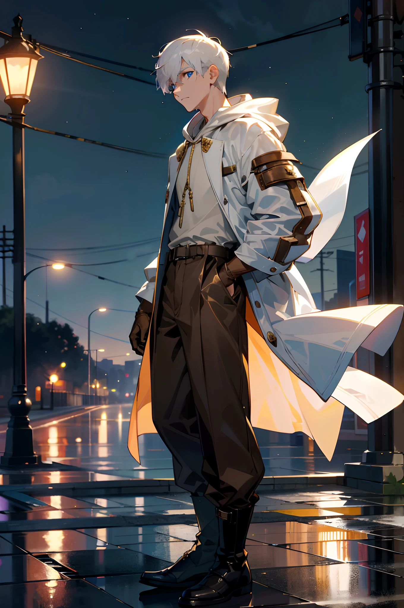 (absurdres, highres, ultra detailed, HDR), masterpiece, best quality, waiting at the bus stop , I’m a city , night time , street lights, moon light , wet pavement, young man walking , hands in pockets, Handsome man , White hair , very Short hair, ((crew cut hair style:1 )) , Blue eyes , light skin , ((muscular:1)),masculine ,age 28,

Wearing a white hoodie , gold trim , a brown leather shawl , gray baggy pants , black and brown belts , black boots , brown gloves , lots of belts