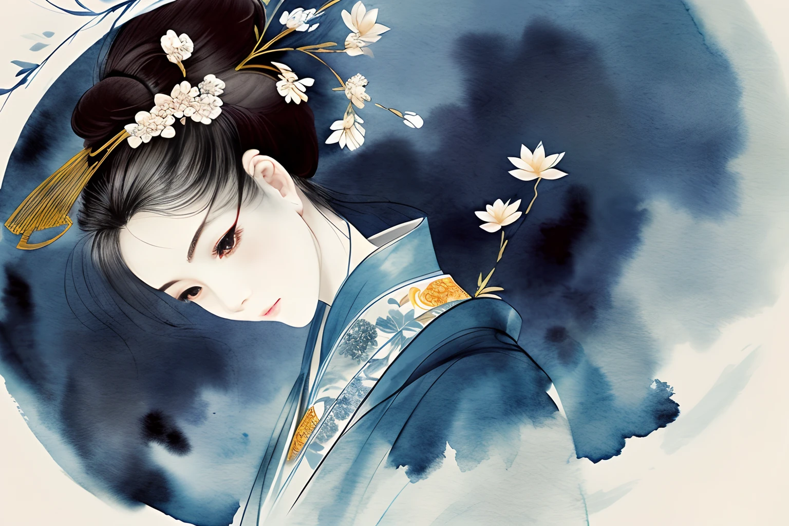 ModelShoot style, (Extremely detailed Cg Unity 8K wallpaper), 1Beautifulwoman，Hanfu，Blue and white porcelain，Abstract stylized beauty, lotuspond, moon full，depth of fields，Traditional Chinese Ink Painting, Traditional Chinese art, author：Guo Xi, author：Ma Yuanyu, Traditional Chinese painting, author：Xu Xi, author：Luo Mu, author：Yang Buzhi, author：Li Kelan, author：Gu An, Ink painting ) ) ) ), Chinese ink painting, Chinese painting style