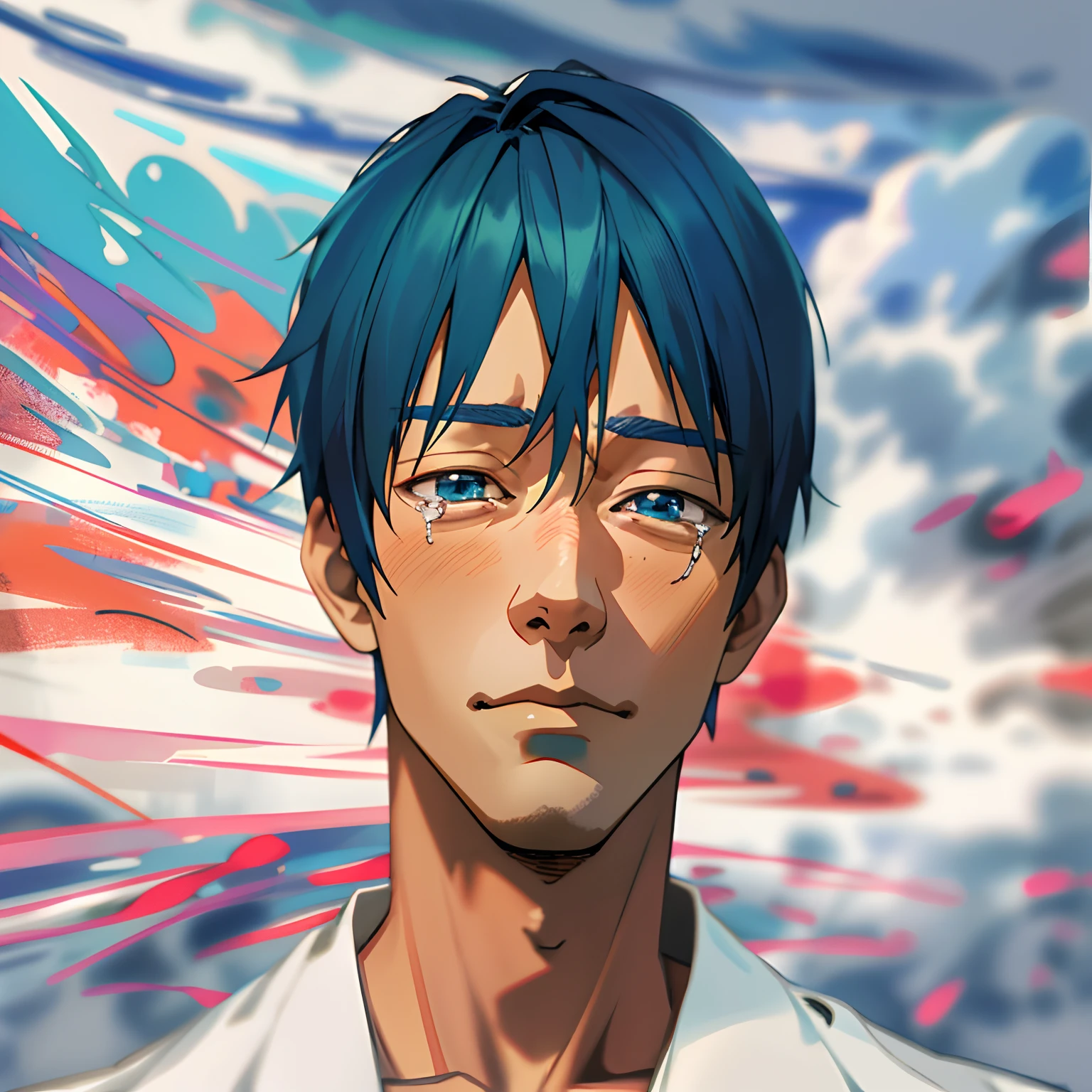 There is a man with blue hair and a white shirt, Anime Realism Style, Anime portrait of a handsome man, anime style portrait, made with anime painter studio, painted in anime painter studio, anime styled 3d, realistic anime 3 d style, young anime man, portrait of a crying ai artist, Smooth Anime CG Art, semirealistic anime style, In a Japanese anime style