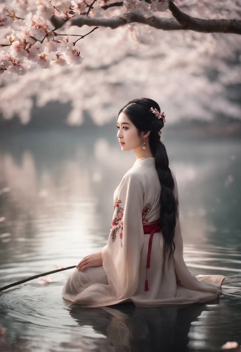 Best quality,(RAW photo:1.2),(Masterpiece:1.4),(Photorealistic:1.4),(A high resolution:1.4),
1girll, Long hair, Braid, Butterfly, Depth of field, From above,
hanami, Cherry blossoms, Lake, beautiful detailed  water, Black hair, Long eyelashes, 
 PureErosFace_V1, Hanfu,
 aespakarina,