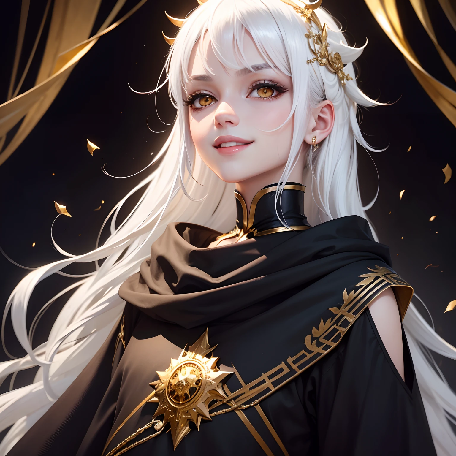 best quality, white hair, gold eyes, black clothes, looking up, upper body, hair strand, Fair skin, smiling, devil