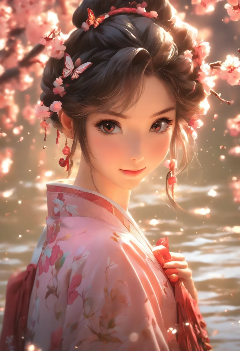 Best quality,(RAW photo:1.2),(Masterpiece:1.4),(Photorealistic:1.4),(A high resolution:1.4),
1girll, Long hair, Braid, Butterfly, Depth of field, From above,
hanami, Cherry blossoms, Lake, beautiful detailed water, Black hair, Long eyelashes,
PureErosFace_V1, Hanfu,
aespakarina,