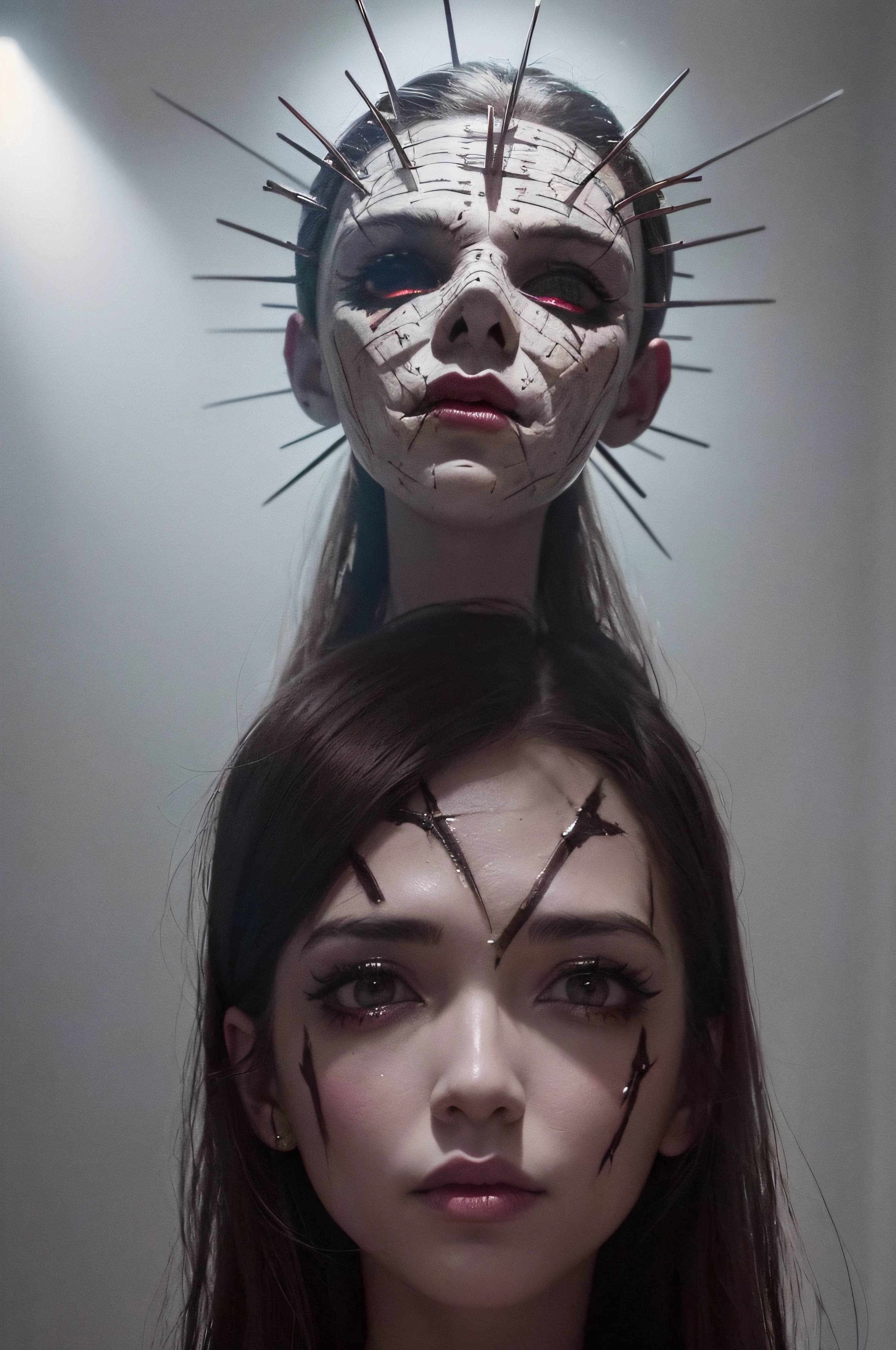 "(The best lighting, oscuro, dramatic),(Mujer alien, Hellraiser, triste, Cicatrices, , sexy, cerebro, sangre, una rata dentro de la cabeza, terror.),(ojos rojos, calaveras). morning light.