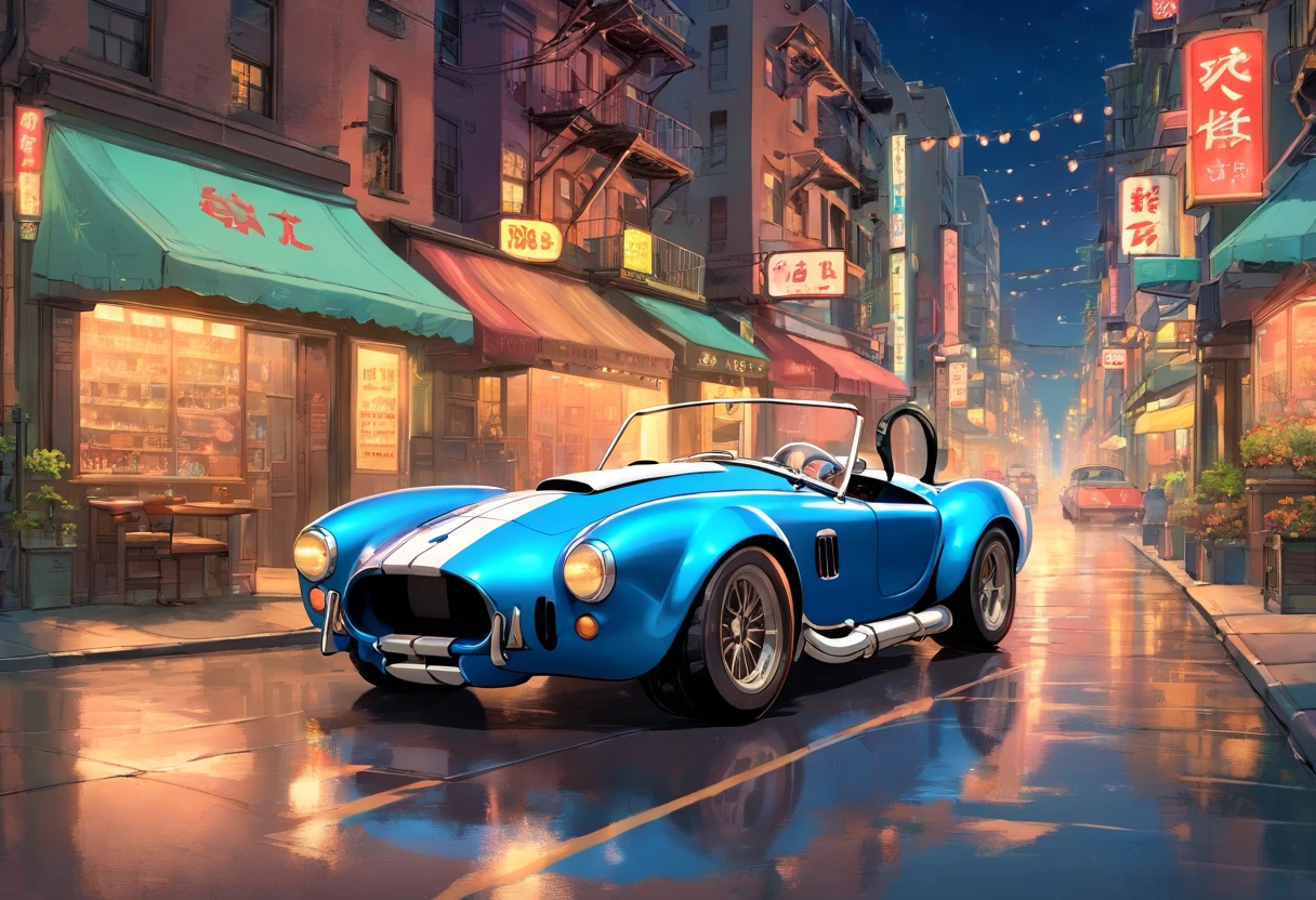"an Quority(shelby cobra) wide background, new york city scenery at night,A breath of blood and speed。"