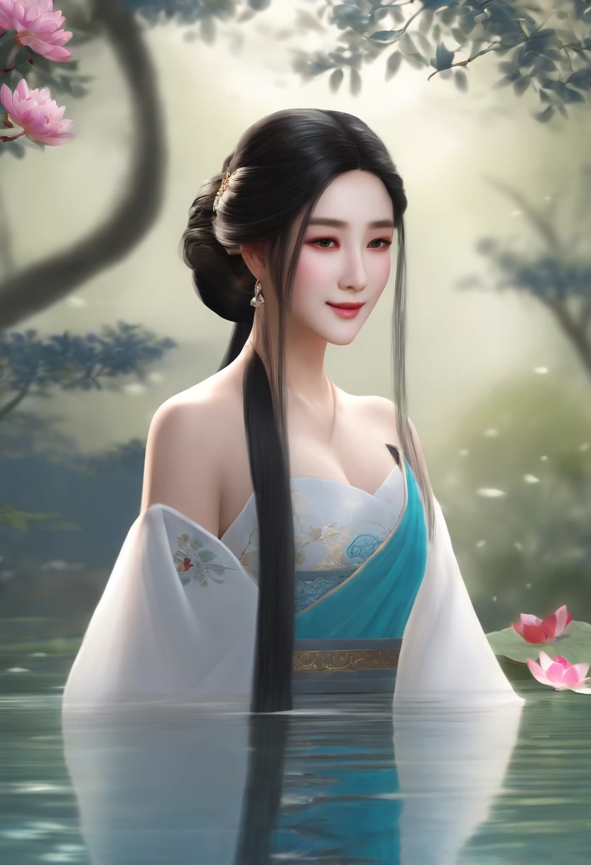 ((4K,Masterpiece,Best quality)), Shuimobysim, Peinture chinoise, lotus, Hanfu, Maxiskit, Robe ouverte, SWF 1fille, seulement, longs cheveux bleus, sourire, debout, feet in the water, pieds nus,