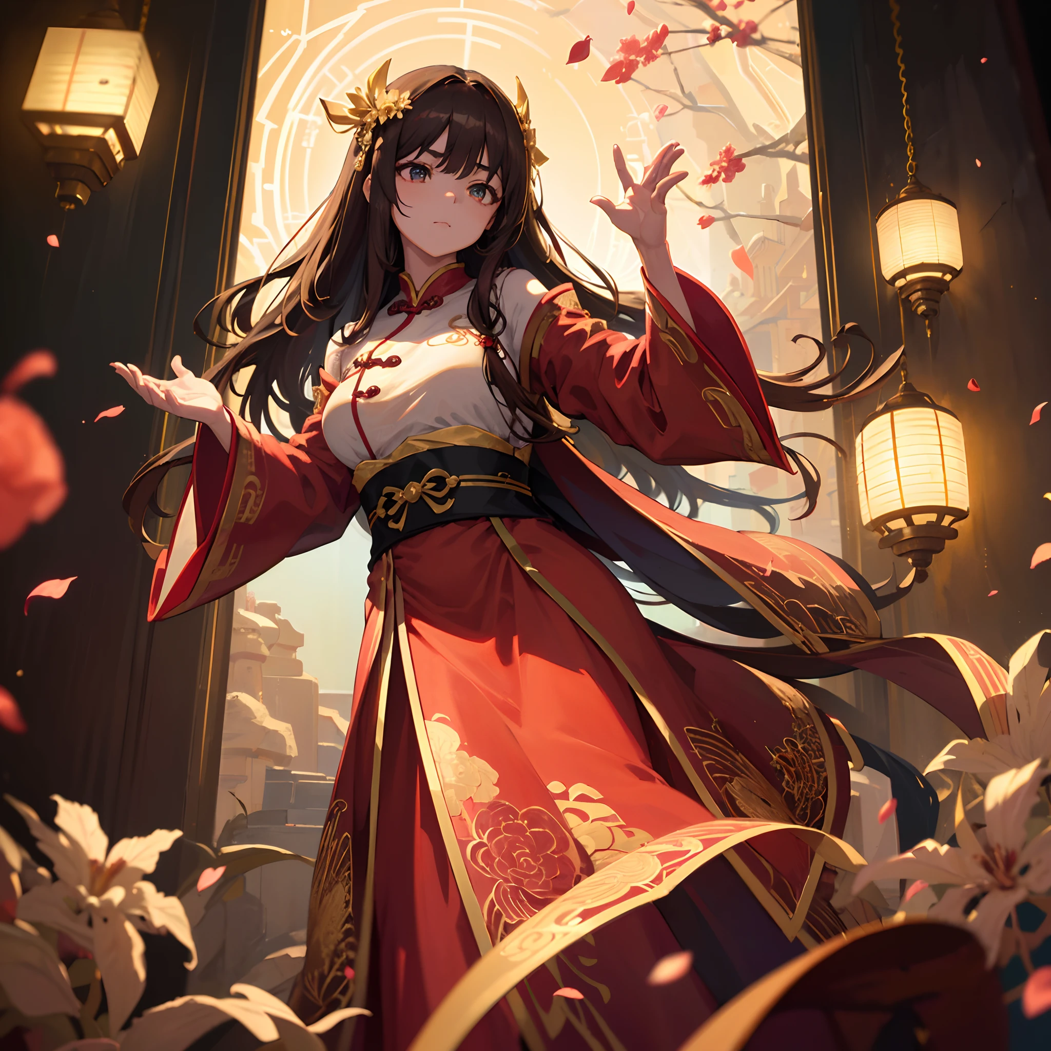 best quality, masterpiece, highres, (exquisite body:1.5),gorgeous face,(milky skin:1.3),intricate details,high resolution,wallpaper,
1girl, solo, dress, hair ornament, (((gold and red dress))), flowers, long hair, brown hair, closed mouth, jewelry, long sleeves, hand up, wide sleeves, big eyes,floating hair, chinese clothes, hanfu, embroidery, long skirt, natural pose, falling petals, indoor,fanning, lantern,
16K,HDR,highres,depth field,(film grain:1.1),boken,golden hour,(lens flare),vignette,rainbowing,(color grading:1.5)