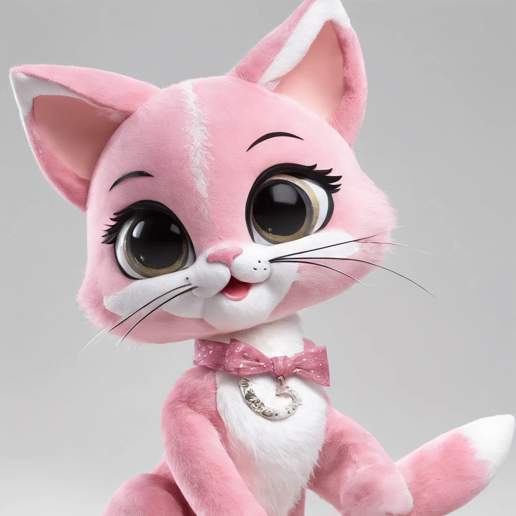 There is a picture of a cat on the phone, 3D Precious Moments Plush Cat, Cute Vomo stuffed fox, disney's bambi cat, stuffed doll, plushies, Pink fox, plushies, Official product image, cute toy, disney stylized furry, High quality material BSSRDF, kids toy