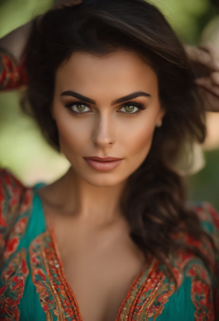 Femme brune , looks directly at the camera , style latina , yeux vert , belle, 26ans