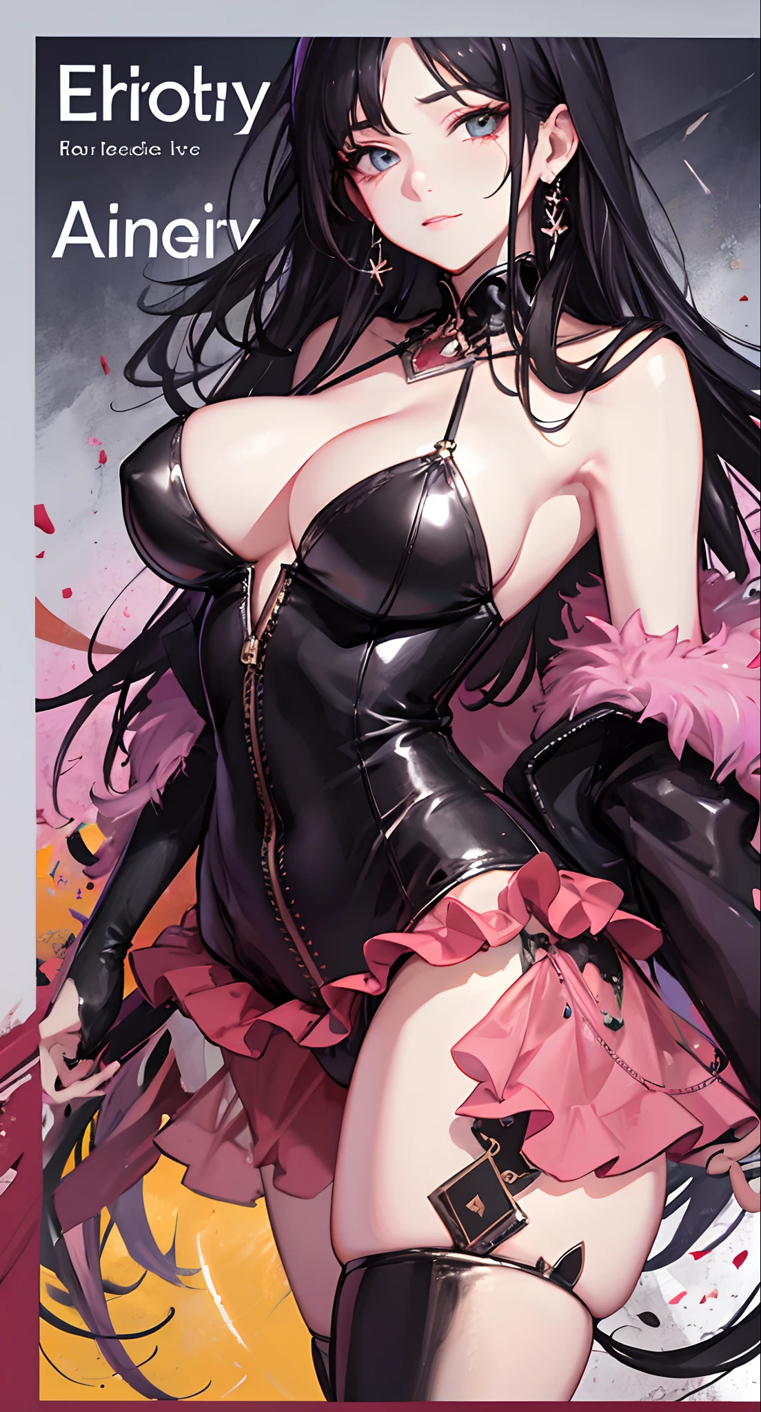 (((dramatic))), ((gritty))), (intense) movie posters feature seductively dressed women as central characters. She stands confidently in the center of the poster, wearing a swimsuit, with an excellent figure, deep ravine, and a look of disgust on her face. The background is pink and suggestive, with an alluring feel. The text is bold and eye-catching, and the seductive tagline adds to the overall drama and excitement. The color palette is predominantly pink, embellished with bright colors that make the poster vibrant and visually striking, tachi-e (magazine: 1.3), (cover style: 1.3), fashion, woman, vibrant, clothing, posing, frontal, colorful, dynamic, background, element, confident, expressive, holding, statement, attachment, majestic, coiled, wrapped, surround, touch, scene, text, cover, bold, eye-catching, title, stylish, font, catchy, title, bigger, eye-catching, modern, stylish, focused, stylish, snow-white thighs