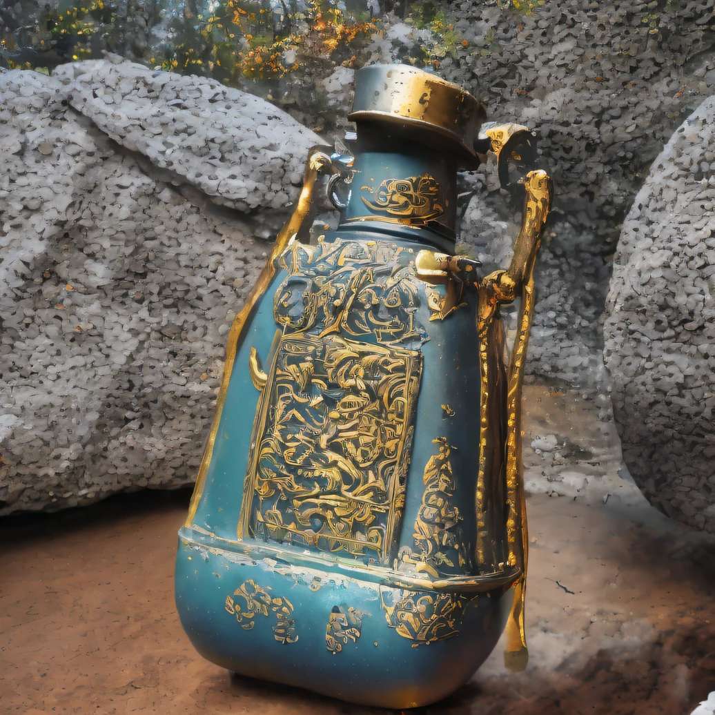 The bottle is placed on the stone letter，Overall height 28 cm，There is a cover on it，Threading with hinges，The buckle is tight。The shape of this copper clean bottle is similar to that of the copper clean bottle unearthed by the monk Tataki of the God Society，It can be concluded that it is a relic of the Tang Dynasty