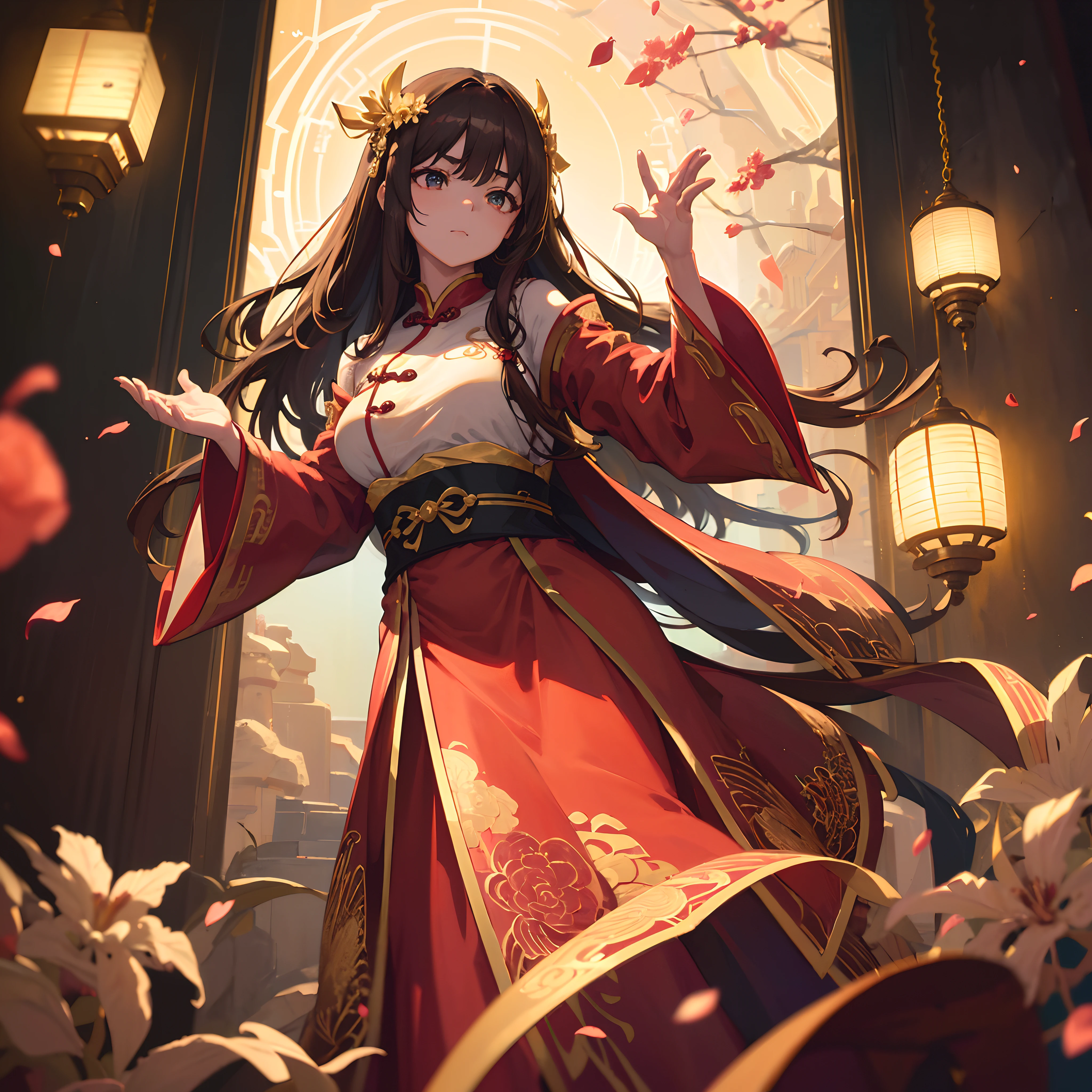 best quality, masterpiece, highres, (exquisite body:1.5),gorgeous face,(milky skin:1.3),intricate details,high resolution,wallpaper,
1girl, solo, dress, hair ornament, (((gold and red dress))), flowers, long hair, brown hair, closed mouth, jewelry, long sleeves, hand up, wide sleeves, big eyes,floating hair, chinese clothes, hanfu, embroidery, long skirt, natural pose, falling petals, indoor,fanning, lantern,
16K,HDR,highres,depth field,(film grain:1.1),boken,golden hour,(lens flare),vignette,rainbowing,(color grading:1.5)
