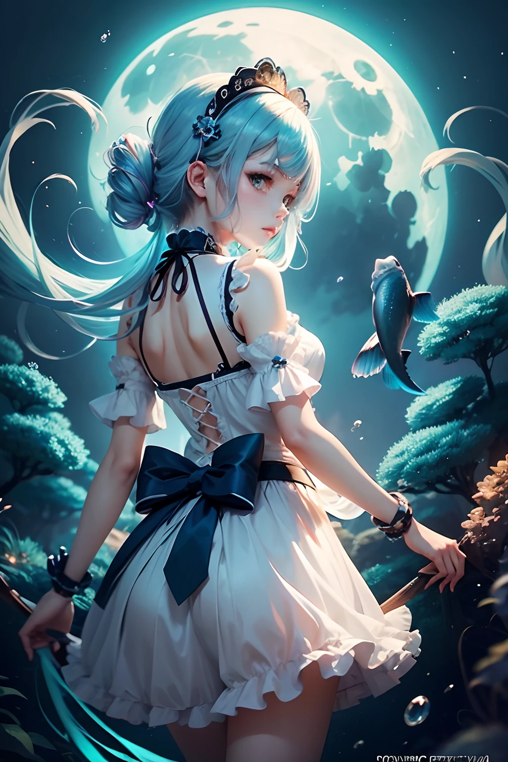 (cancer zodiac) there is a woman with grey glowing cyan hair on underwater with glowing cyan fish, spider arm attatched on back, anime girl cosplay, anime girl in real life, anime style mixed with fujifilm, portrait of magical ta girl, cute kawaii girl, anime cosplay, beautiful anime style, lolityle, anime style, cute anime girl, beautiful anime girl, artwork in the style of guweiz, night background with moon
